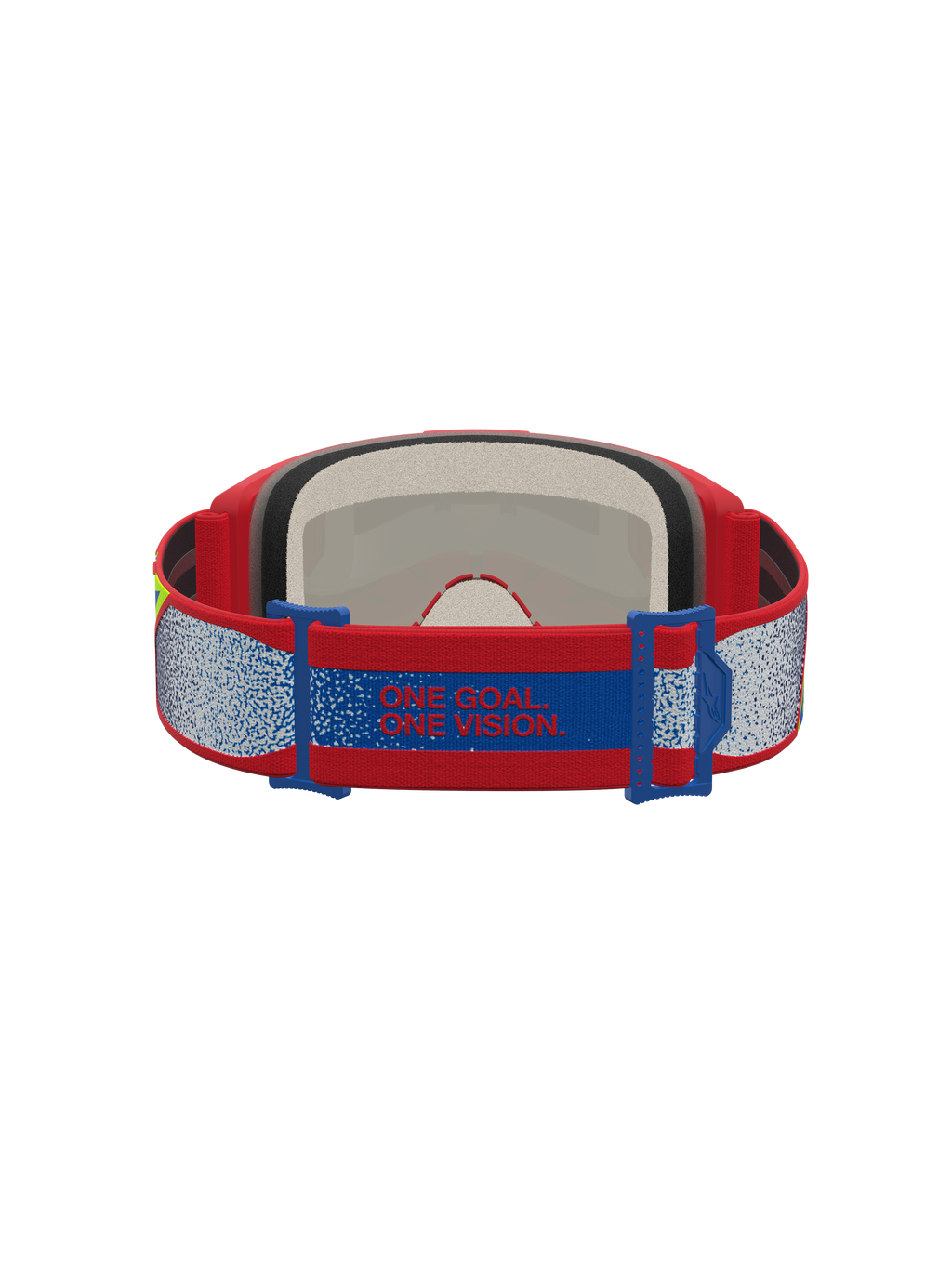 Alpinestars Maschere Vision 5 Drag, maschere da motocross rosse e blu, fascia manifesto One Goal One Vision e schiuma facciale.