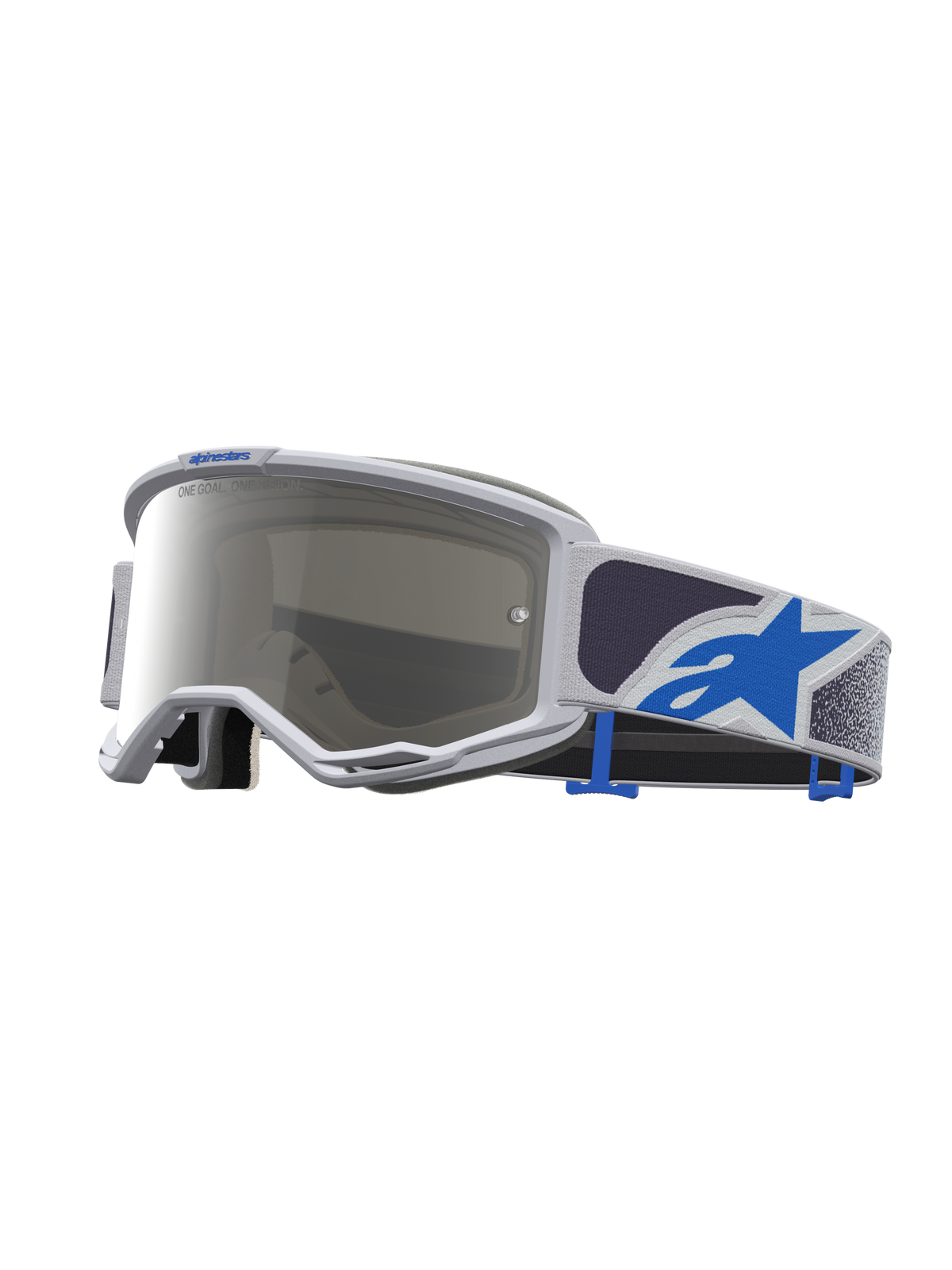 Alpinestars maschere Vision 5 Drag, maschere da motocross, lilla chiaro e blu, lente argento a specchio, montatura A-FLEX e cinturino con logo a stella.