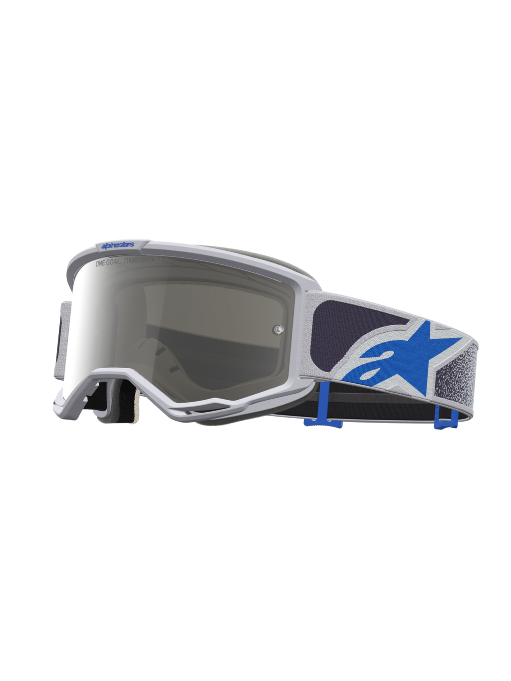 Alpinestars maschere Vision 5 Drag, maschere da motocross, lilla chiaro e blu, lente argento a specchio, montatura A-FLEX e cinturino con logo a stella.
