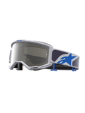 Alpinestars maschere Vision 5 Drag, maschere da motocross, lilla chiaro e blu, lente argento a specchio, montatura A-FLEX e cinturino con logo a stella.