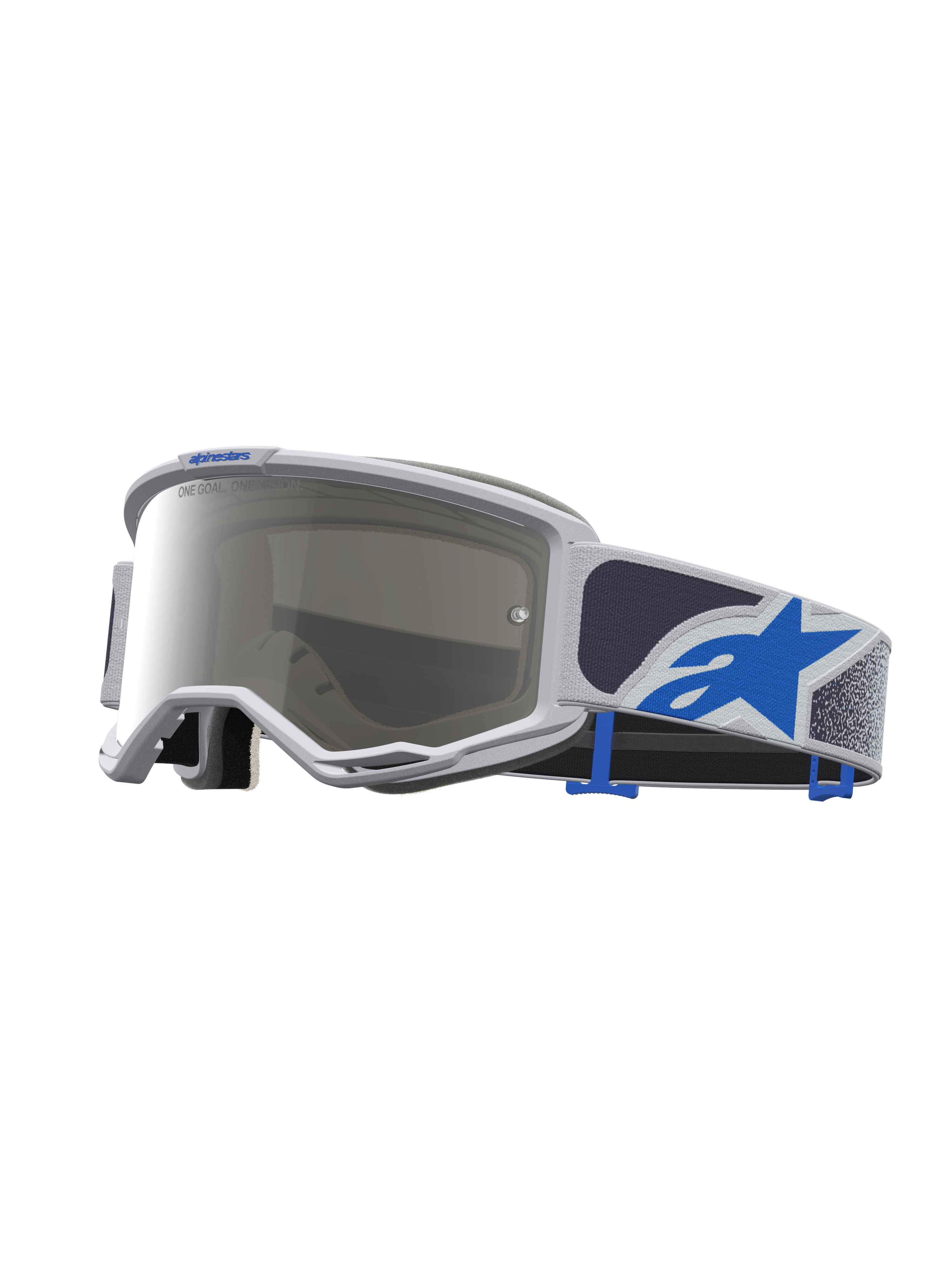 Alpinestars maschere Vision 5 Drag, maschere da motocross, lilla chiaro e blu, lente argento a specchio, montatura A-FLEX e cinturino con logo a stella.