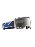 Alpinestars Maschere Vision 5 Drag, maschere da motocross, lilla chiaro e blu, lente a specchio argento, telaio A-FLEX flessibile, ventilazione RAM-AIR e ampio campo visivo.