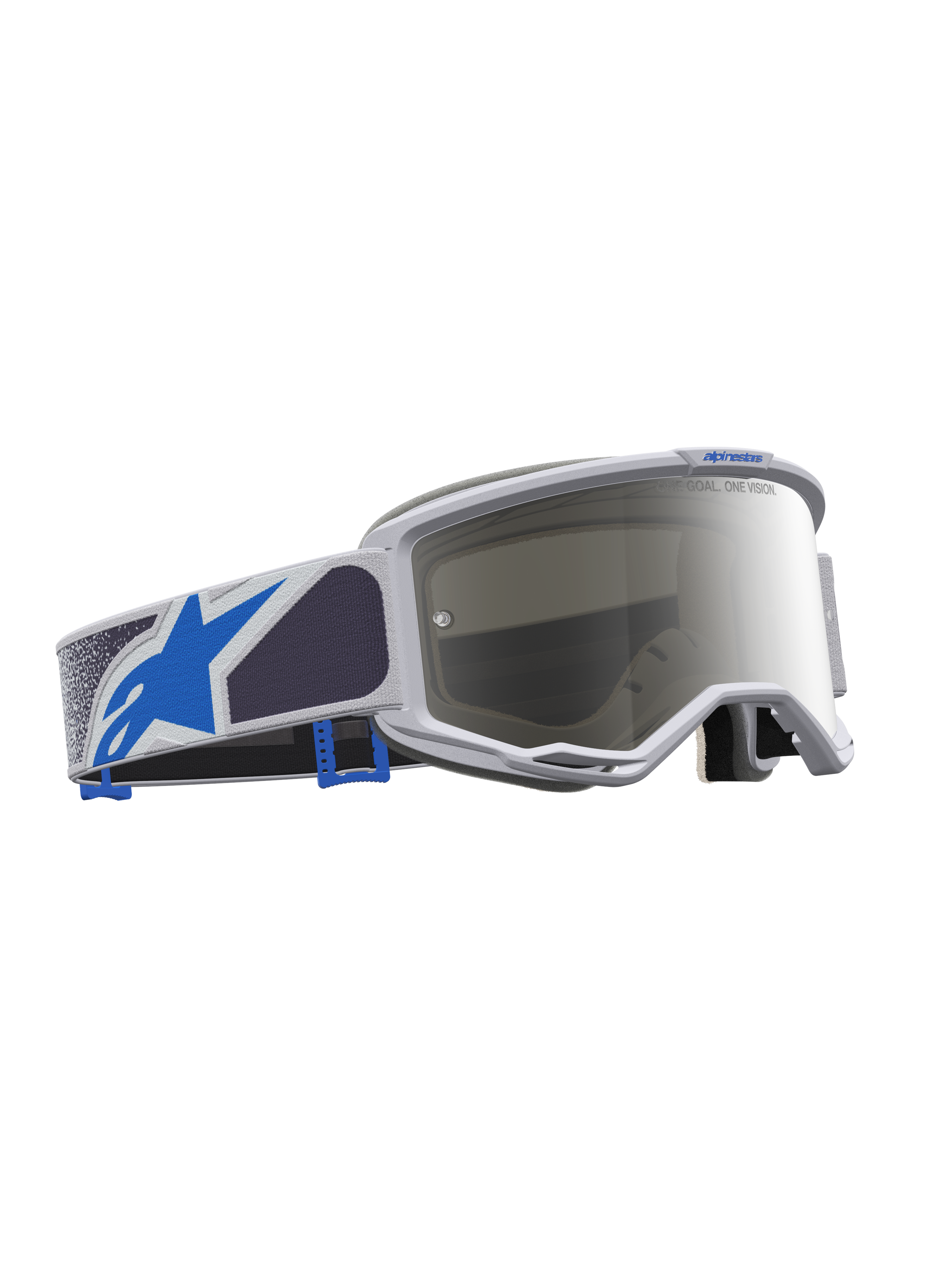Alpinestars Maschere Vision 5 Drag, maschere da motocross, lilla chiaro e blu, lente a specchio argento, telaio A-FLEX flessibile, ventilazione RAM-AIR e ampio campo visivo.