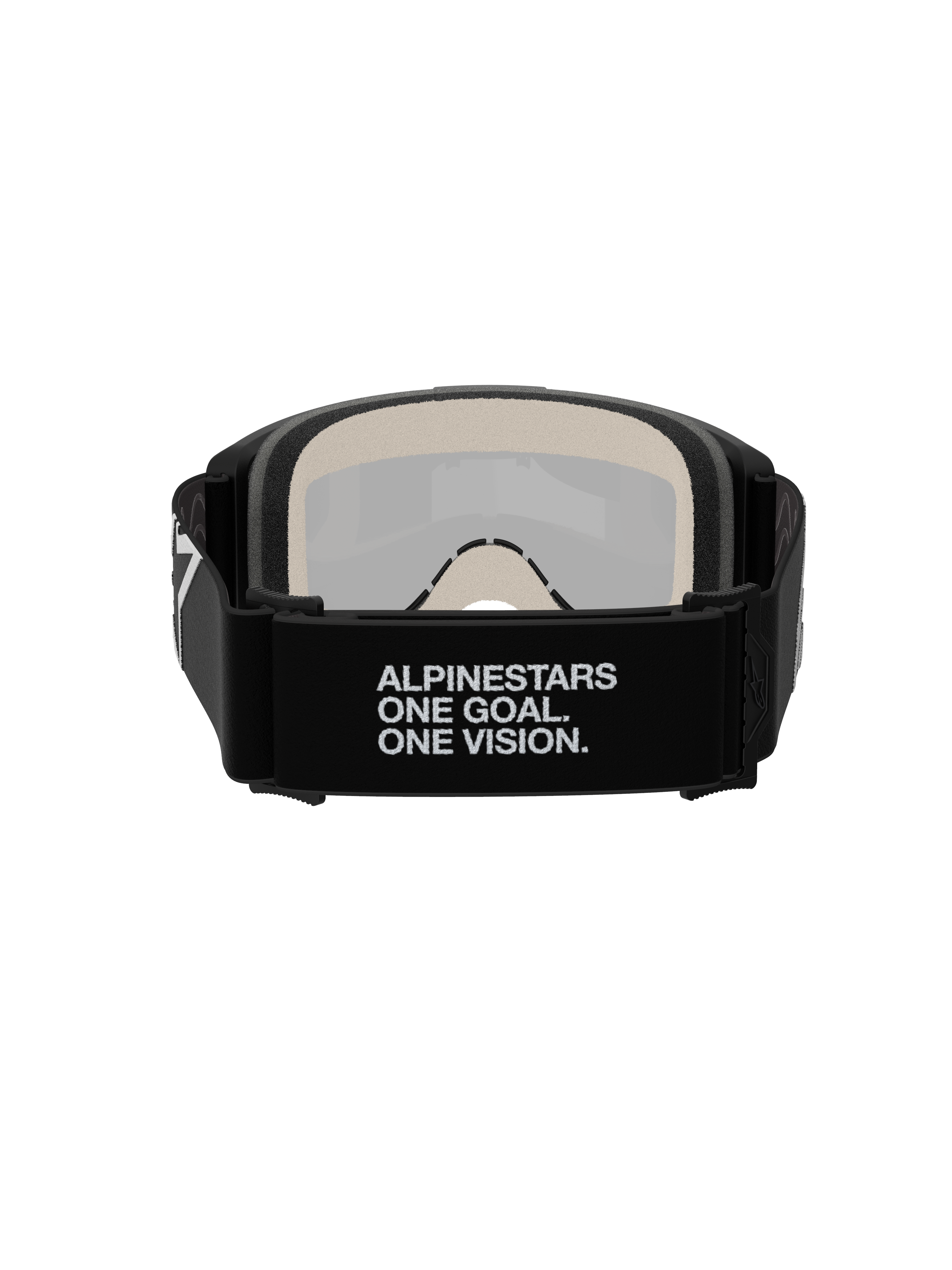 Maschere Alpinestars Vision 5 Corp, maschere da motocross, vista posteriore, con fascia tessuta nera e slogan bianco 'ALPINESTARS ONE GOAL. ONE VISION.', schiuma facciale multistrato da 17 mm, lente a specchio argento visibile dall'interno, progettate per una vestibilità sicura e prestazioni fuoristrada