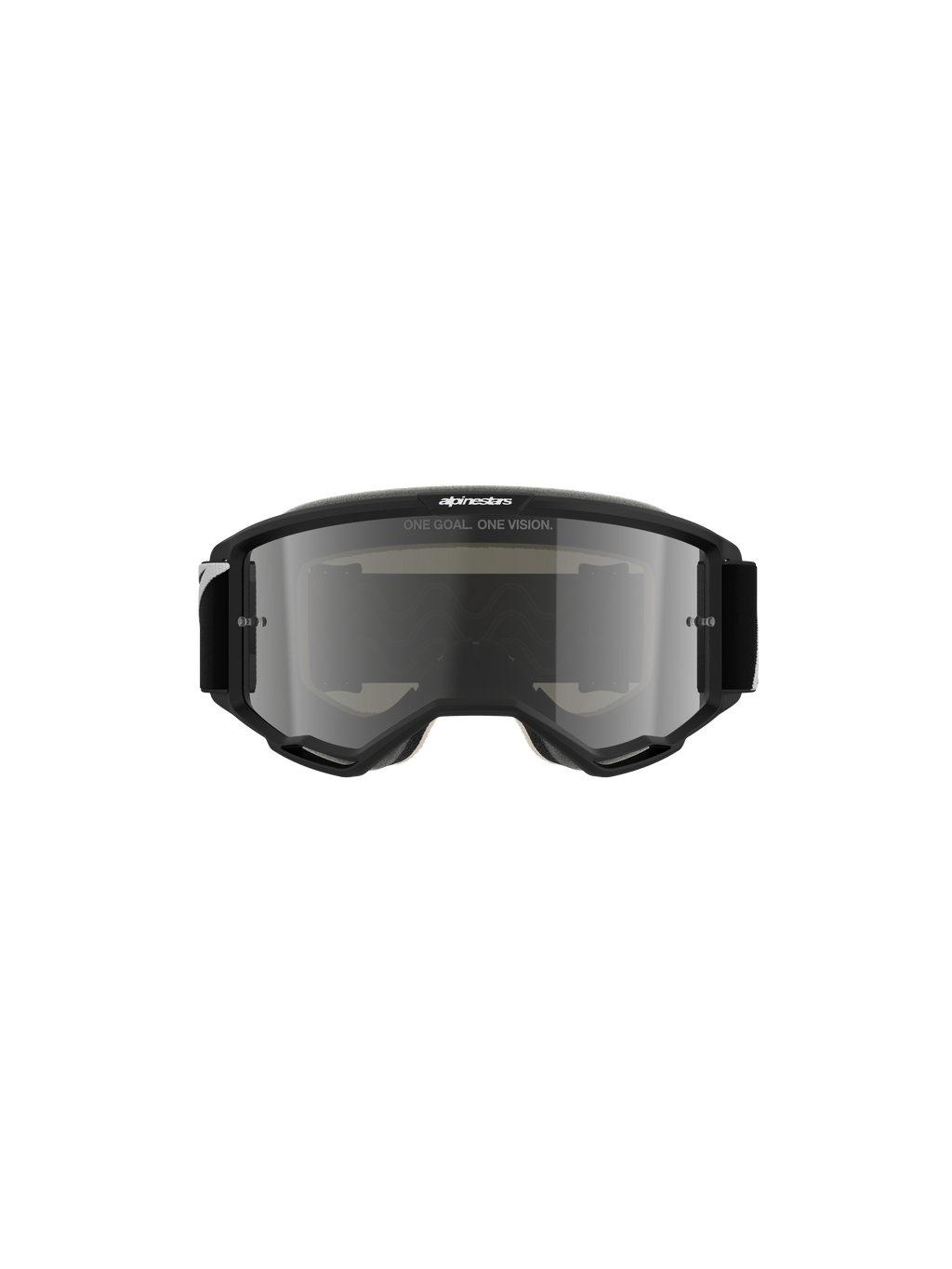 Alpinestars Vision 5 Corp Goggles, maschere da motocross, nero con lente Mirror Silver, vista frontale che mostra la scritta 'ONE GOAL. ONE VISION.' e il logo Alpinestars, design elegante per gare fuoristrada e motocross
