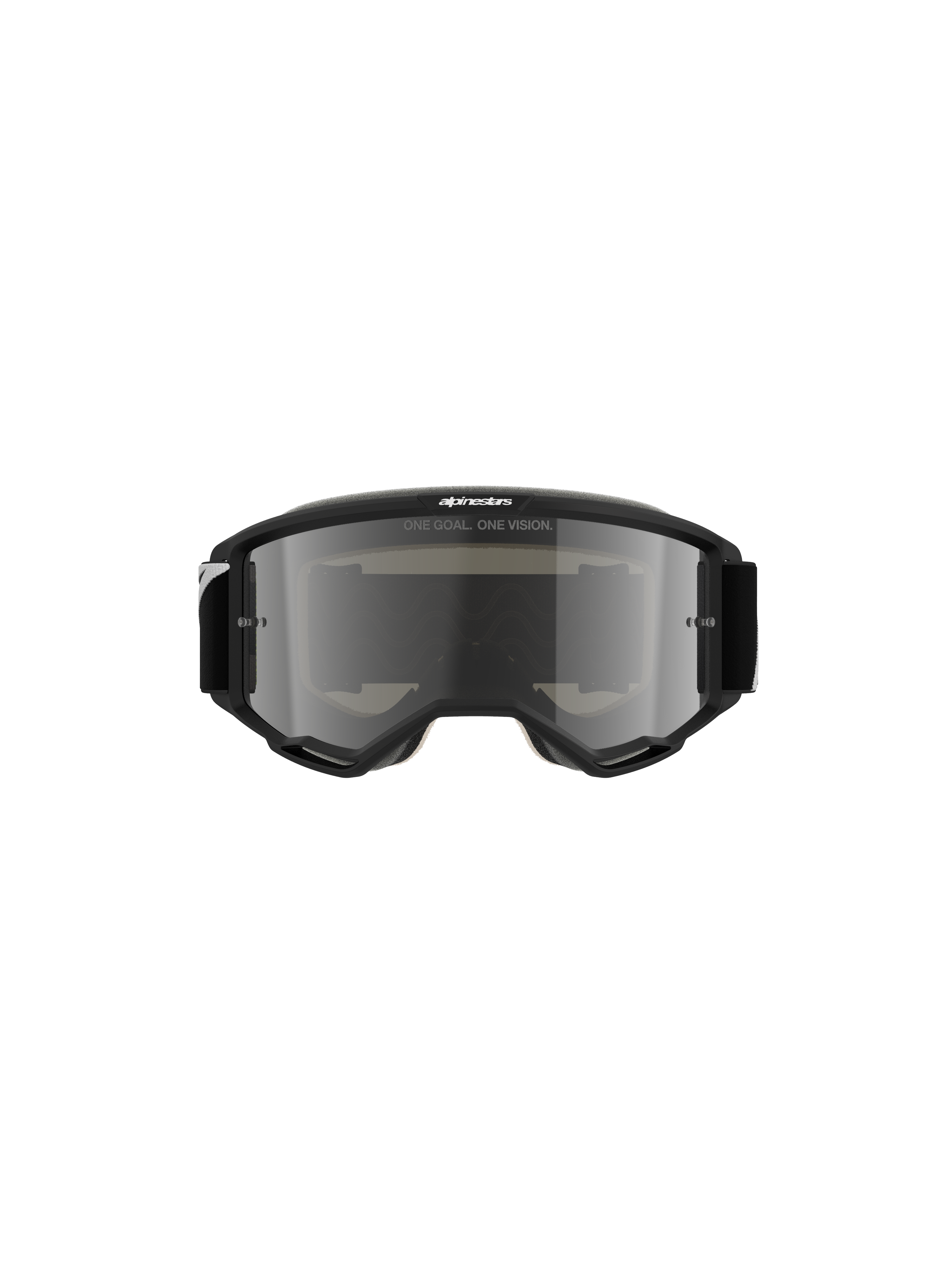 Alpinestars Vision 5 Corp Goggles, maschere da motocross, nero con lente Mirror Silver, vista frontale che mostra la scritta 'ONE GOAL. ONE VISION.' e il logo Alpinestars, design elegante per gare fuoristrada e motocross