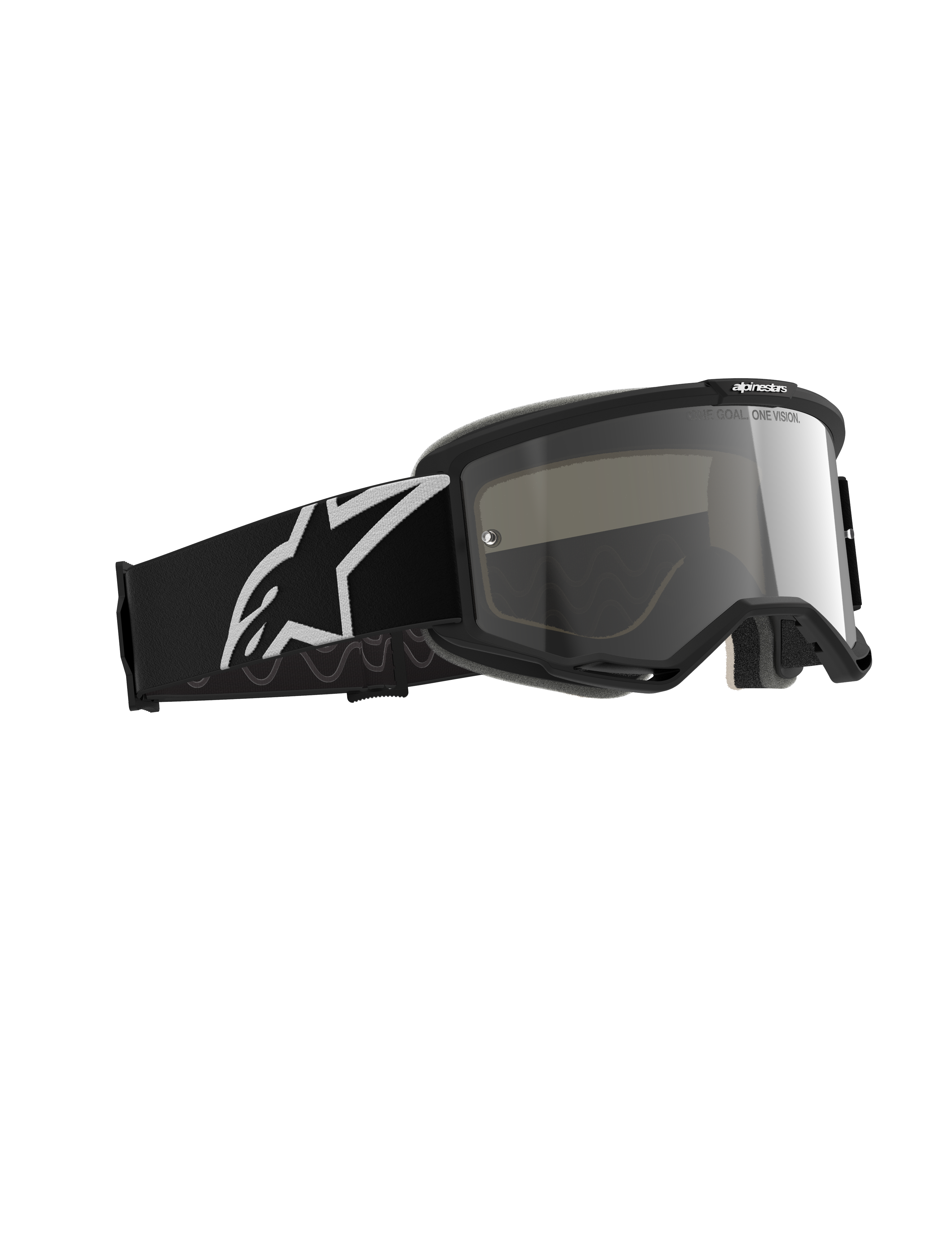Alpinestars maschere Vision 5 Corp, maschere da motocross, nero argento a specchio, montatura nera con lente argento a specchio, ampia fascia nera con un grande logo Alpinestars bianco, progettate per prestazioni fuoristrada