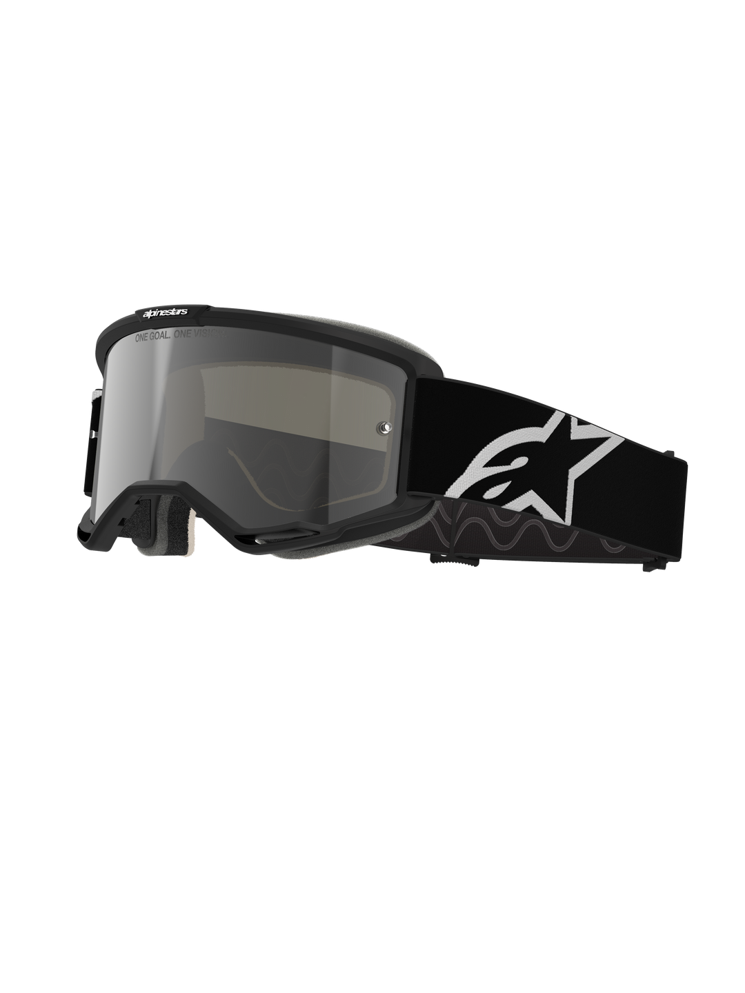 Alpinestars Vision 5 Corp Goggles, occhiali da motocross, montatura nera con lente a specchio argento, ampia fascia nera regolabile con grande logo Alpinestars a stella bianco, imbottitura in schiuma, branding One Goal One Vision