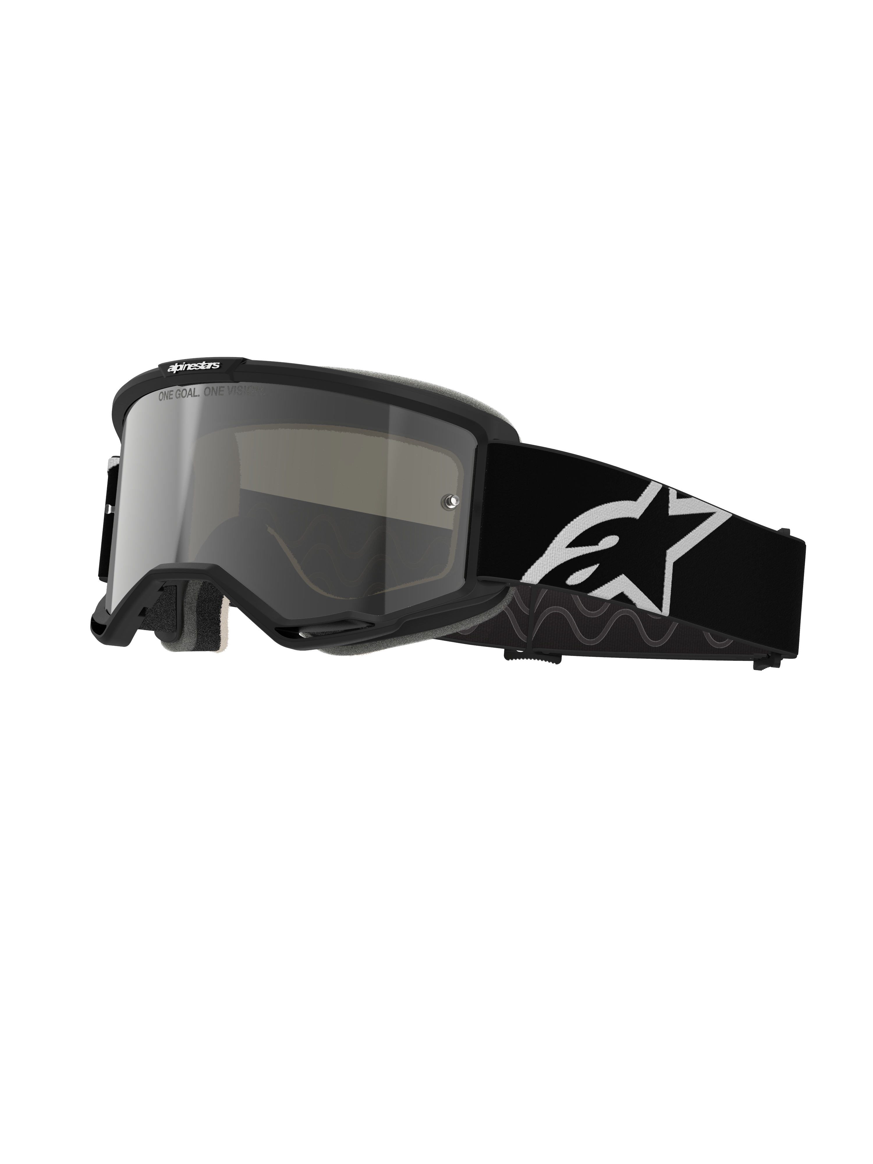 Alpinestars Vision 5 Corp Goggles, occhiali da motocross, montatura nera con lente a specchio argento, ampia fascia nera regolabile con grande logo Alpinestars a stella bianco, imbottitura in schiuma, branding One Goal One Vision