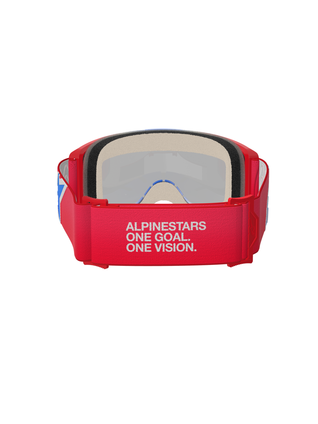 Alpinestars Vision 5 Corp Goggles, maschera da motocross, rosso e bianco, vista posteriore con ampia fascia con lo slogan 'Alpinestars One Goal. One Vision.', spessa schiuma facciale e montatura rossa