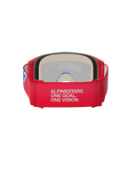 Alpinestars Vision 5 Corp Goggles, maschera da motocross, rosso e bianco, vista posteriore con ampia fascia con lo slogan 'Alpinestars One Goal. One Vision.', spessa schiuma facciale e montatura rossa