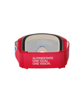 Alpinestars Vision 5 Corp Goggles, maschera da motocross, rosso e bianco, vista posteriore con ampia fascia con lo slogan 'Alpinestars One Goal. One Vision.', spessa schiuma facciale e montatura rossa