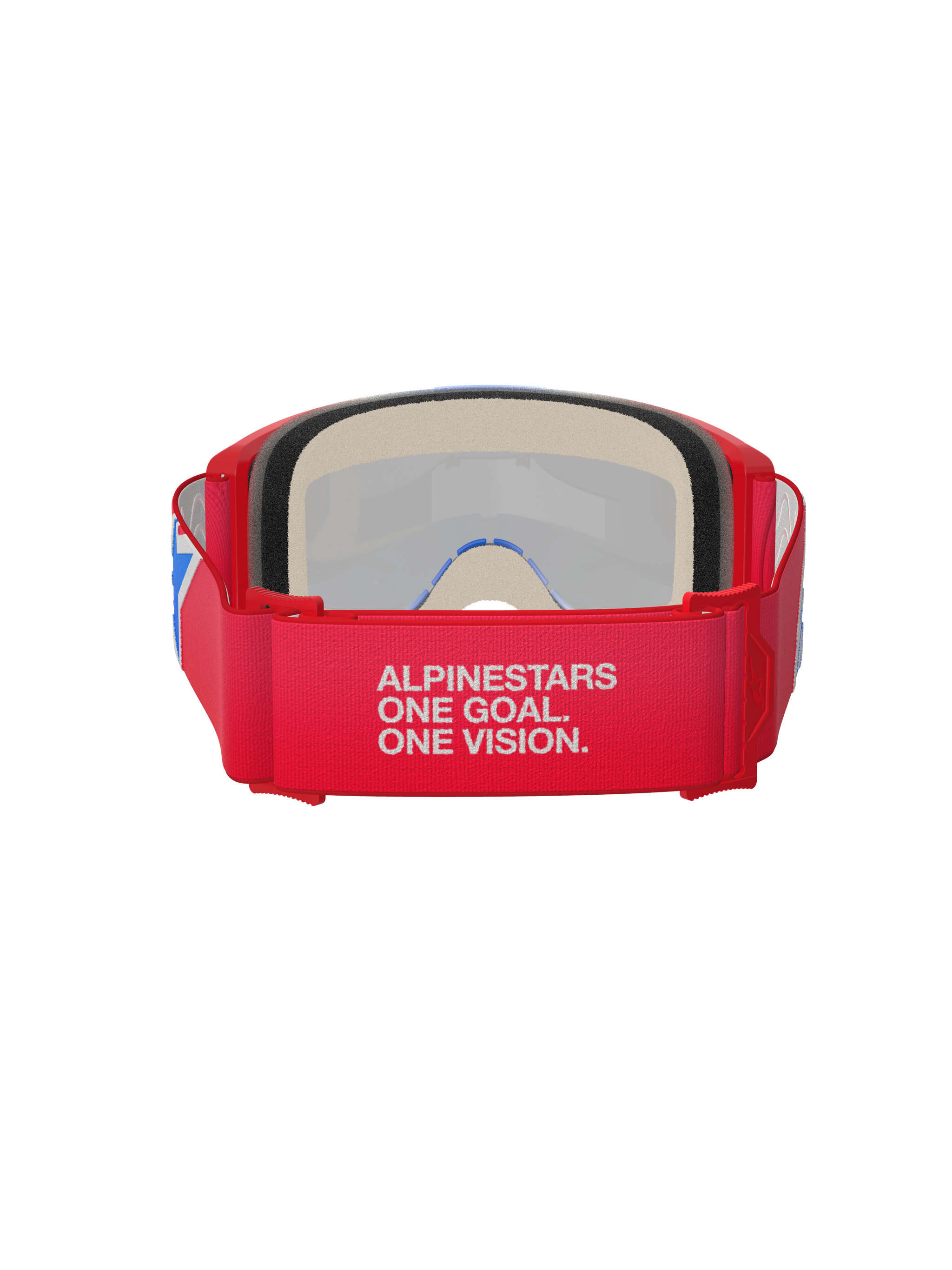 Alpinestars Vision 5 Corp Goggles, maschera da motocross, rosso e bianco, vista posteriore con ampia fascia con lo slogan 'Alpinestars One Goal. One Vision.', spessa schiuma facciale e montatura rossa