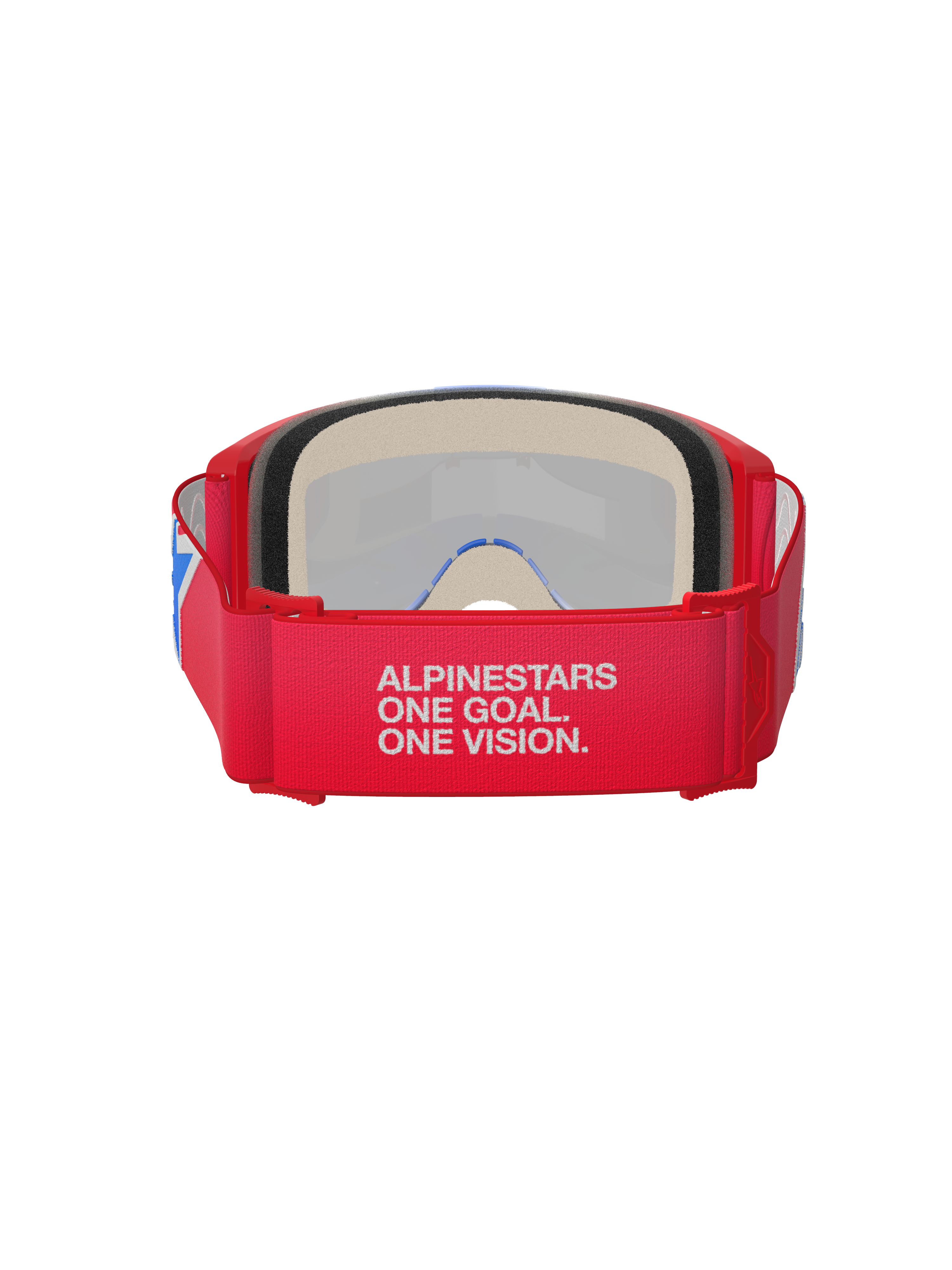 Alpinestars Vision 5 Corp Goggles, maschera da motocross, rosso e bianco, vista posteriore con ampia fascia con lo slogan 'Alpinestars One Goal. One Vision.', spessa schiuma facciale e montatura rossa
