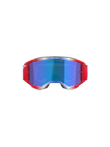 Alpinestars Vision 5 Corp Goggles, maschere da motocross, montatura rossa e bianca con lente a specchio blu, fascia rossa e scritta 'ONE GOAL... ONE VISION' sulla lente, vista frontale
