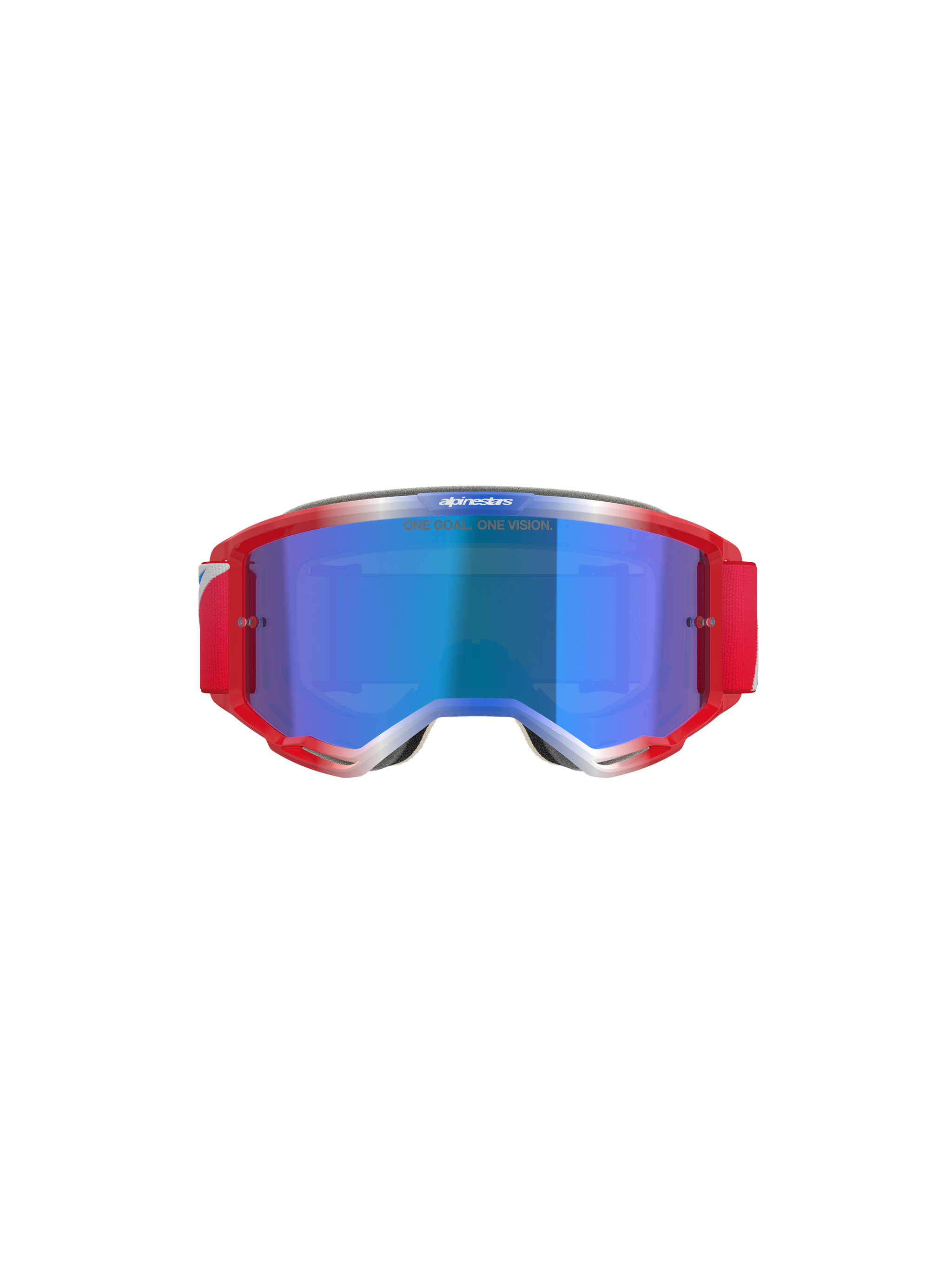 Alpinestars Vision 5 Corp Goggles, maschere da motocross, montatura rossa e bianca con lente a specchio blu, fascia rossa e scritta 'ONE GOAL... ONE VISION' sulla lente, vista frontale