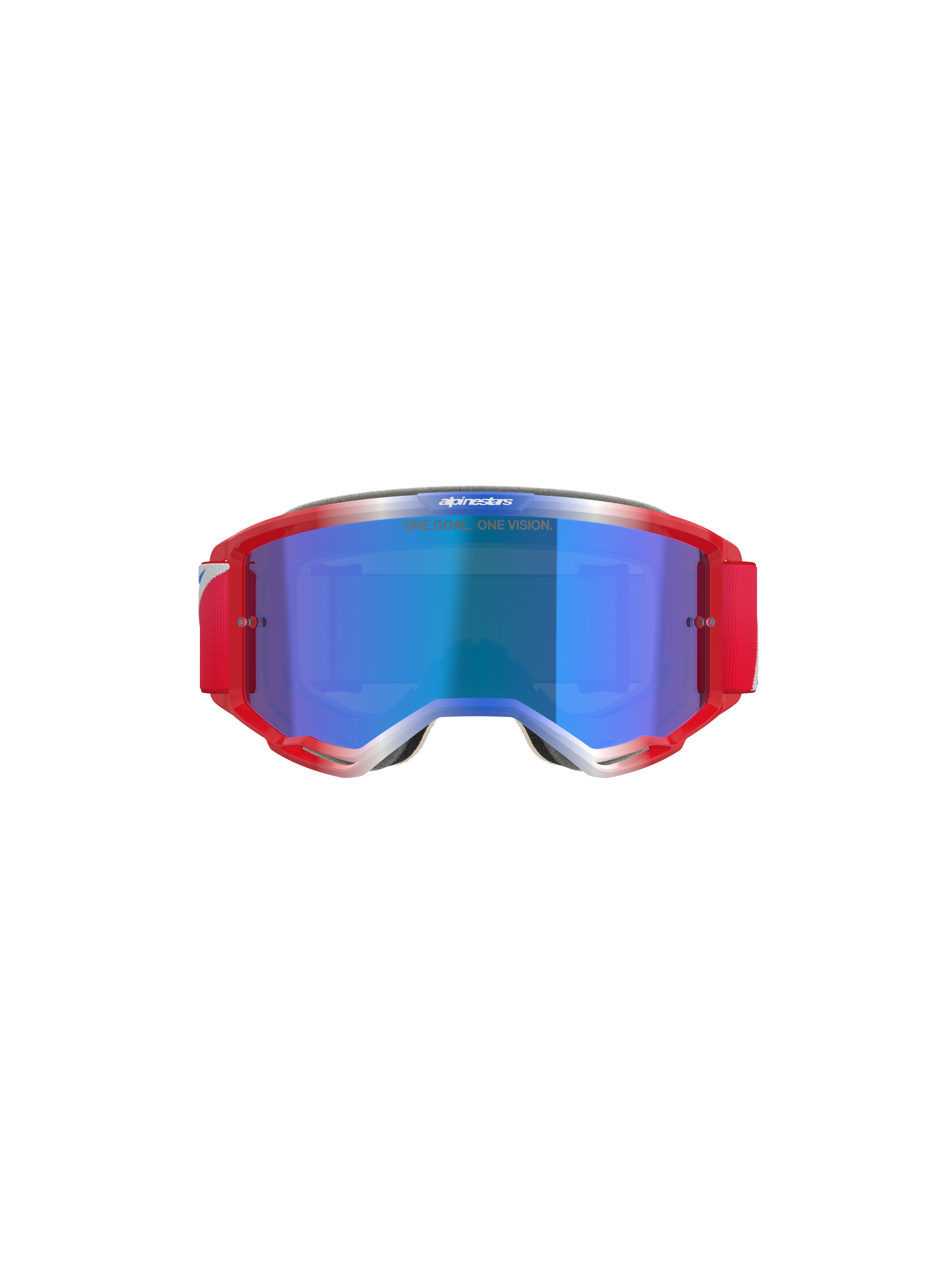 Alpinestars Vision 5 Corp Goggles, maschere da motocross, montatura rossa e bianca con lente a specchio blu, fascia rossa e scritta 'ONE GOAL... ONE VISION' sulla lente, vista frontale