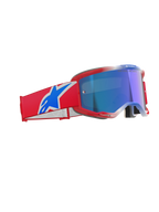 Alpinestars Vision 5 Corp Goggles, occhiali da motocross, rosso, bianco e blu con lente blu a specchio, montatura rossa con ventilazione aerodinamica, ampia fascia rossa con logo blu e bianco, occhiali professionali per gare fuoristrada e motocross