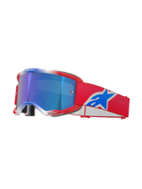 Alpinestars Vision 5 Corp Goggles, occhiali da motocross, rosso, bianco e blu, lente a specchio blu, fascia rossa con logo Alpinestars blu, montatura rossa flessibile con dettagli bianchi, maschera protettiva per guida fuoristrada