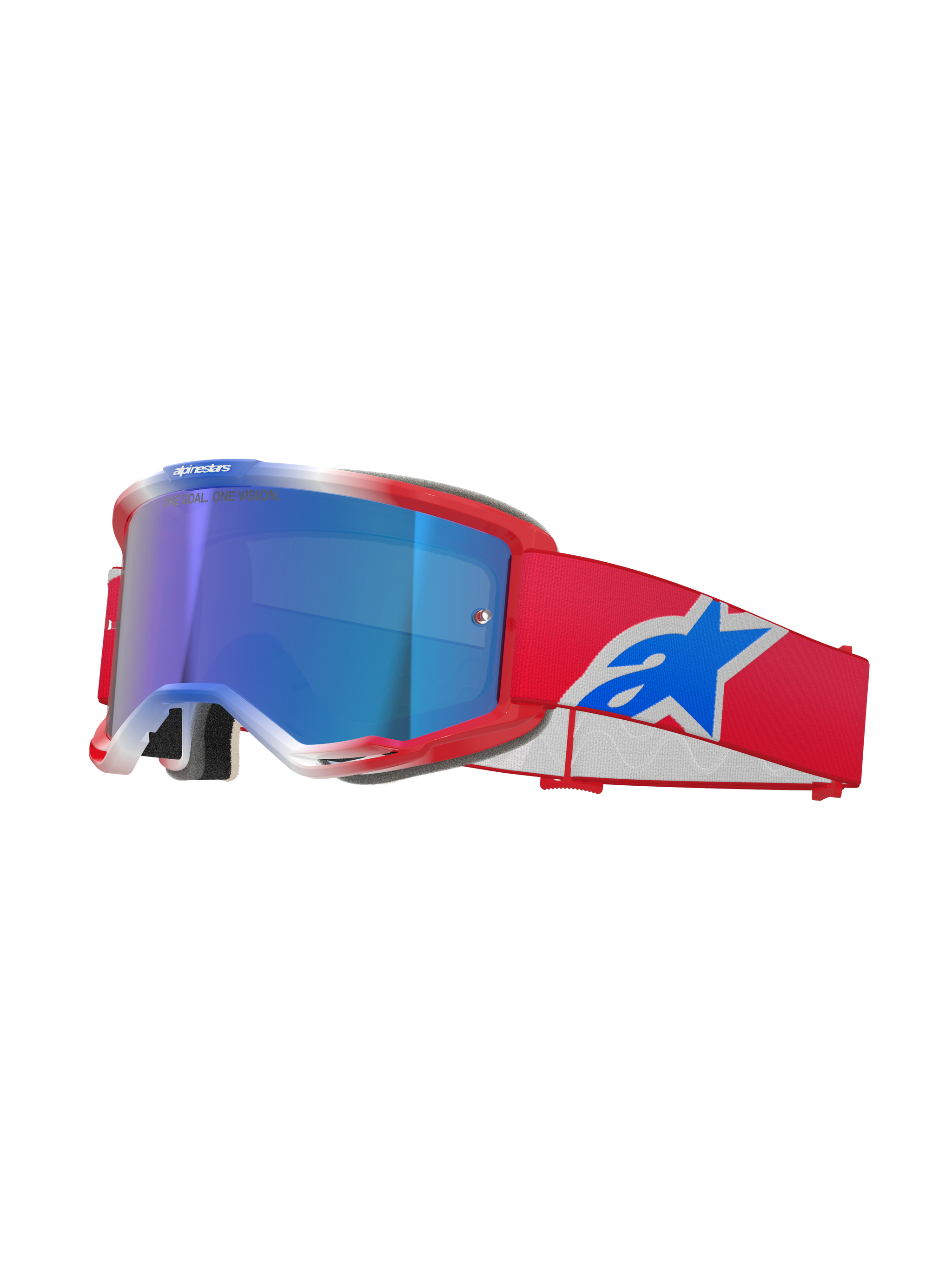 Alpinestars Vision 5 Corp Goggles, occhiali da motocross, rosso, bianco e blu, lente a specchio blu, fascia rossa con logo Alpinestars blu, montatura rossa flessibile con dettagli bianchi, maschera protettiva per guida fuoristrada
