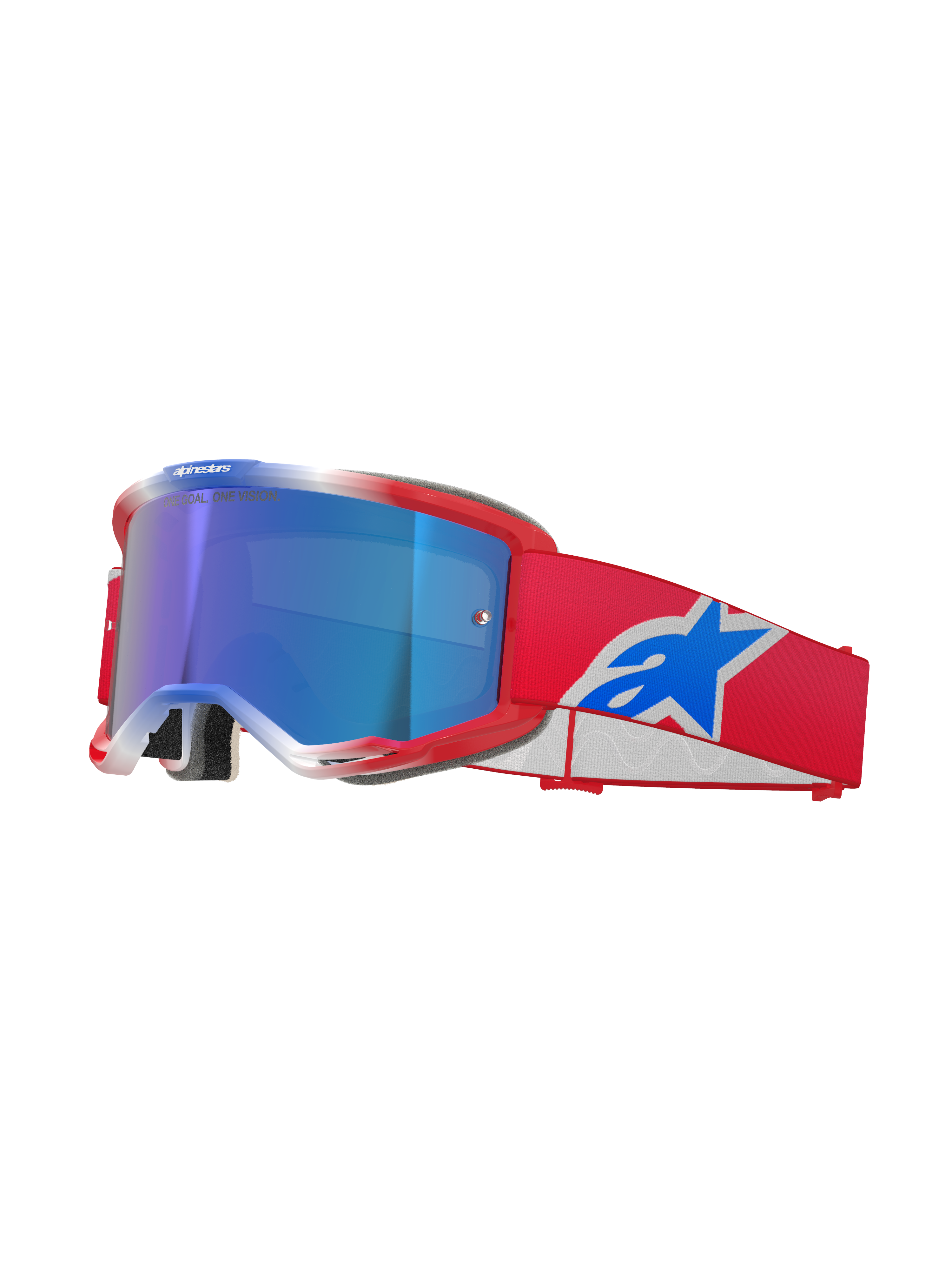Alpinestars Vision 5 Corp Goggles, occhiali da motocross, rosso, bianco e blu, lente a specchio blu, fascia rossa con logo Alpinestars blu, montatura rossa flessibile con dettagli bianchi, maschera protettiva per guida fuoristrada