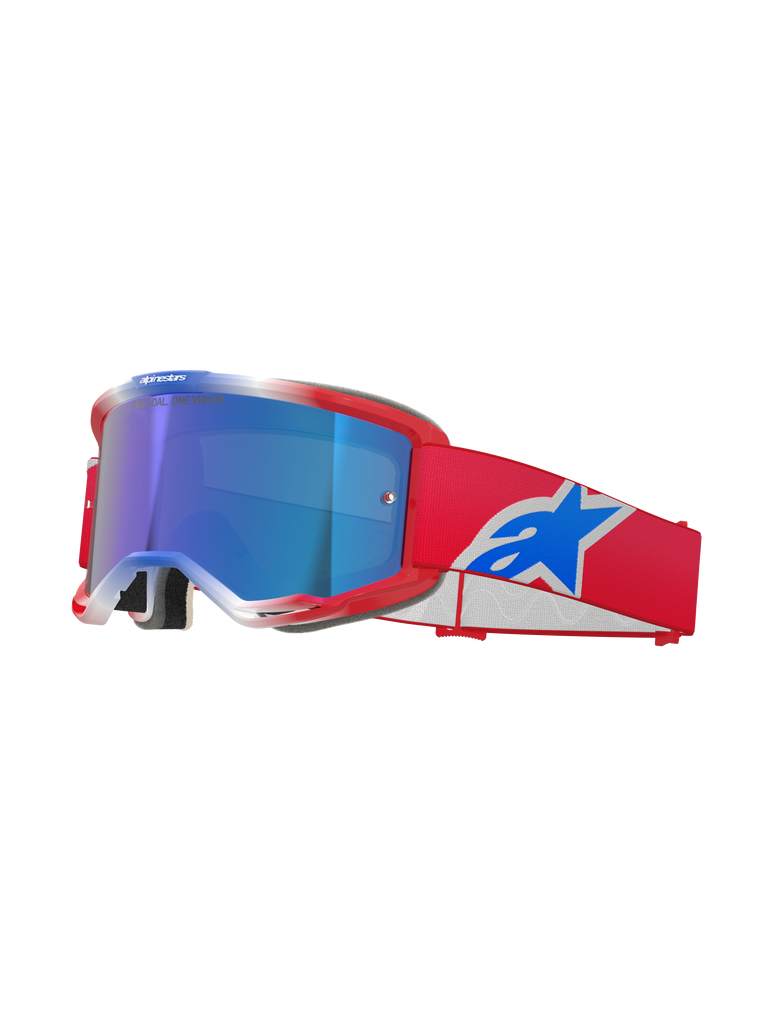 Alpinestars Vision 5 Corp Goggles, occhiali da motocross, rosso, bianco e blu, lente a specchio blu, fascia rossa con logo Alpinestars blu, montatura rossa flessibile con dettagli bianchi, maschera protettiva per guida fuoristrada