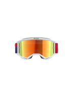 Alpinestars Vision 5 Corp Goggles, occhiali da motocross, montatura bianca con lente a specchio Purple Mirror Red, fascia regolabile rossa e viola, con la scritta 'ONE GOAL. ONE VISION.' sulla lente, occhiali protettivi ad alte prestazioni per corse fuoristrada.