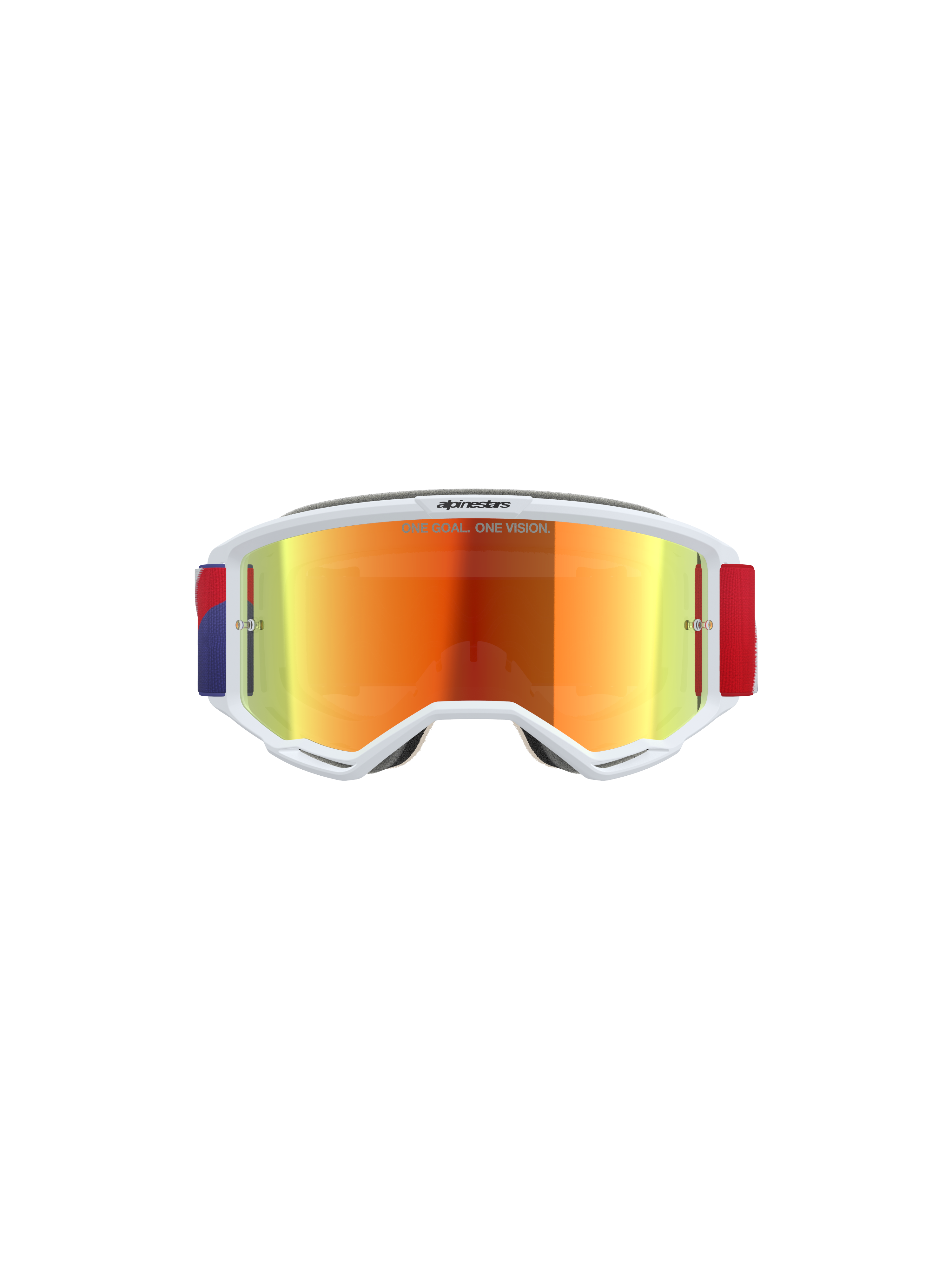 Alpinestars Vision 5 Corp Goggles, occhiali da motocross, montatura bianca con lente a specchio Purple Mirror Red, fascia regolabile rossa e viola, con la scritta 'ONE GOAL. ONE VISION.' sulla lente, occhiali protettivi ad alte prestazioni per corse fuoristrada.