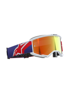 Alpinestars Maschere Vision 5 Corp, maschere da motocross, colorazione rosso e viola con lente Purple Mirror Red, montatura bianca in uretano A-FLEX, spessa schiuma facciale multistrato, ampia fascia regolabile con logo Alpinestars rosso e bianco, occhiali da corsa fuoristrada professionali.
