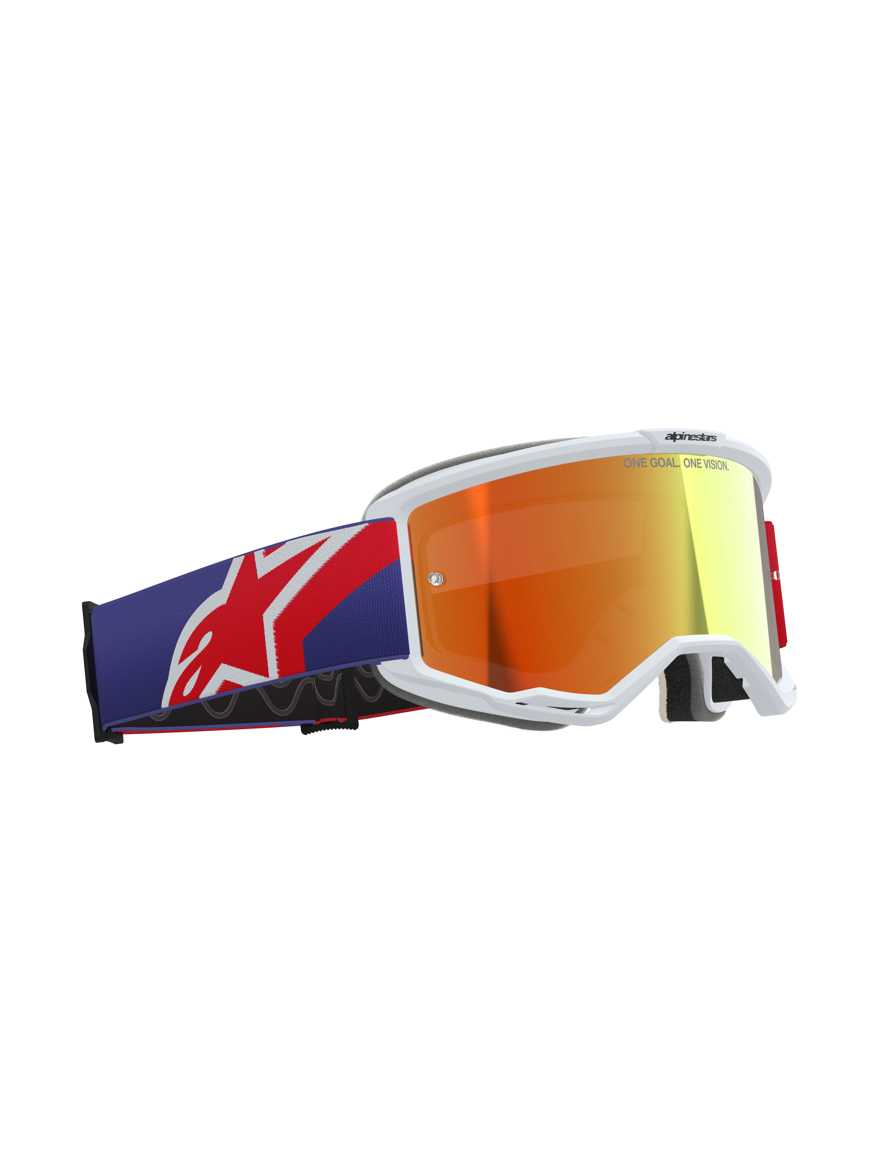 Alpinestars Maschere Vision 5 Corp, maschere da motocross, colorazione rosso e viola con lente Purple Mirror Red, montatura bianca in uretano A-FLEX, spessa schiuma facciale multistrato, ampia fascia regolabile con logo Alpinestars rosso e bianco, occhiali da corsa fuoristrada professionali.