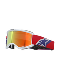 Alpinestars Vision 5 Corp Goggles, montatura bianca con lente a specchio riflettente arancione e viola, scritta "ONE GOAL. ONE VISION.", cinturino rosso con logo a stella blu e bianco, maschera da gara per motocross