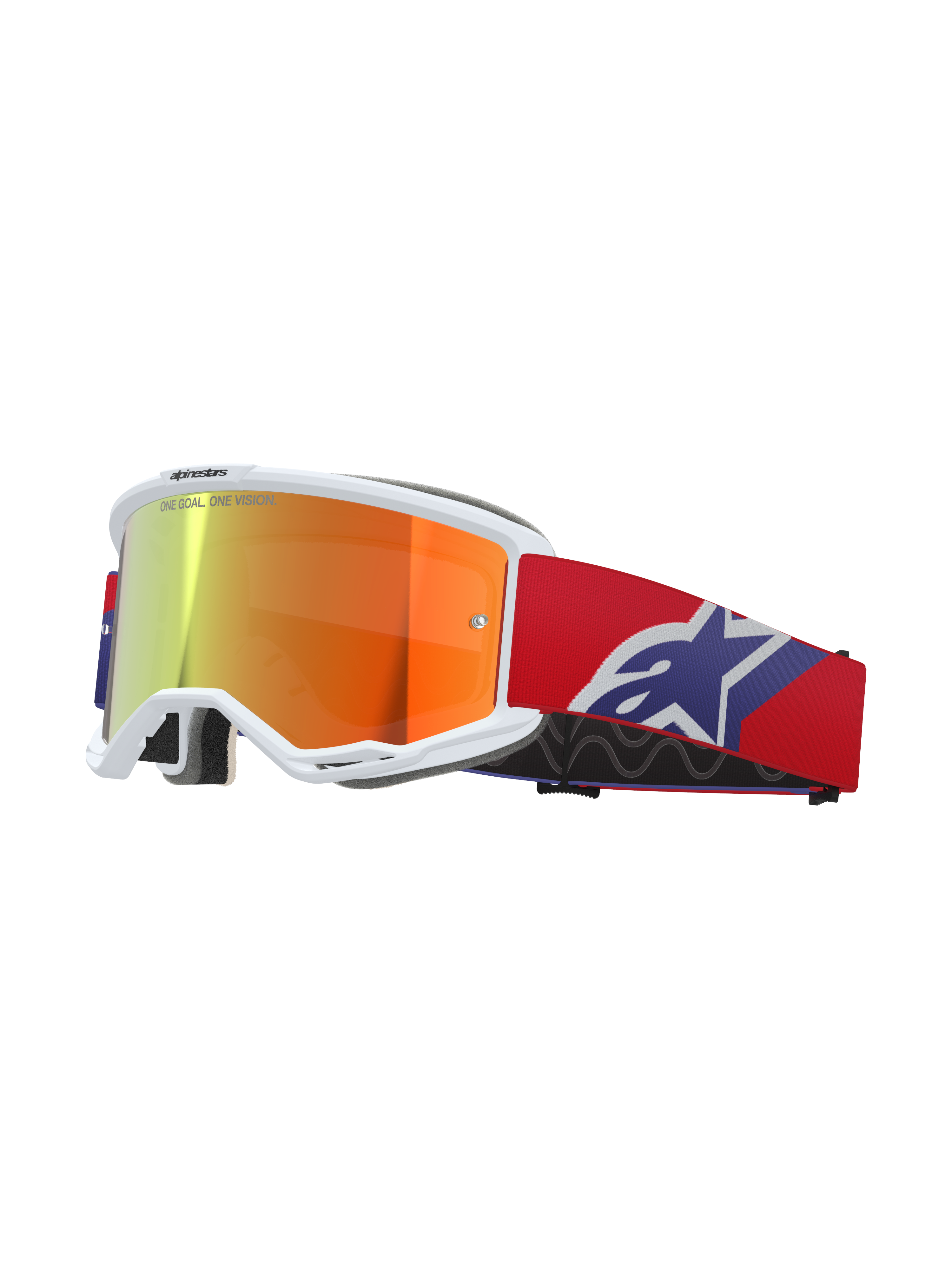Alpinestars Vision 5 Corp Goggles, montatura bianca con lente a specchio riflettente arancione e viola, scritta "ONE GOAL. ONE VISION.", cinturino rosso con logo a stella blu e bianco, maschera da gara per motocross
