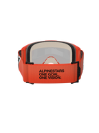 Occhiali Alpinestars Vision 5 Corp, vista posteriore con fascia intrecciata arancione e scritta nera "ALPINESTARS ONE GOAL. ONE VISION.", schiuma facciale multistrato, montatura arancione, occhiali professionali da motocross