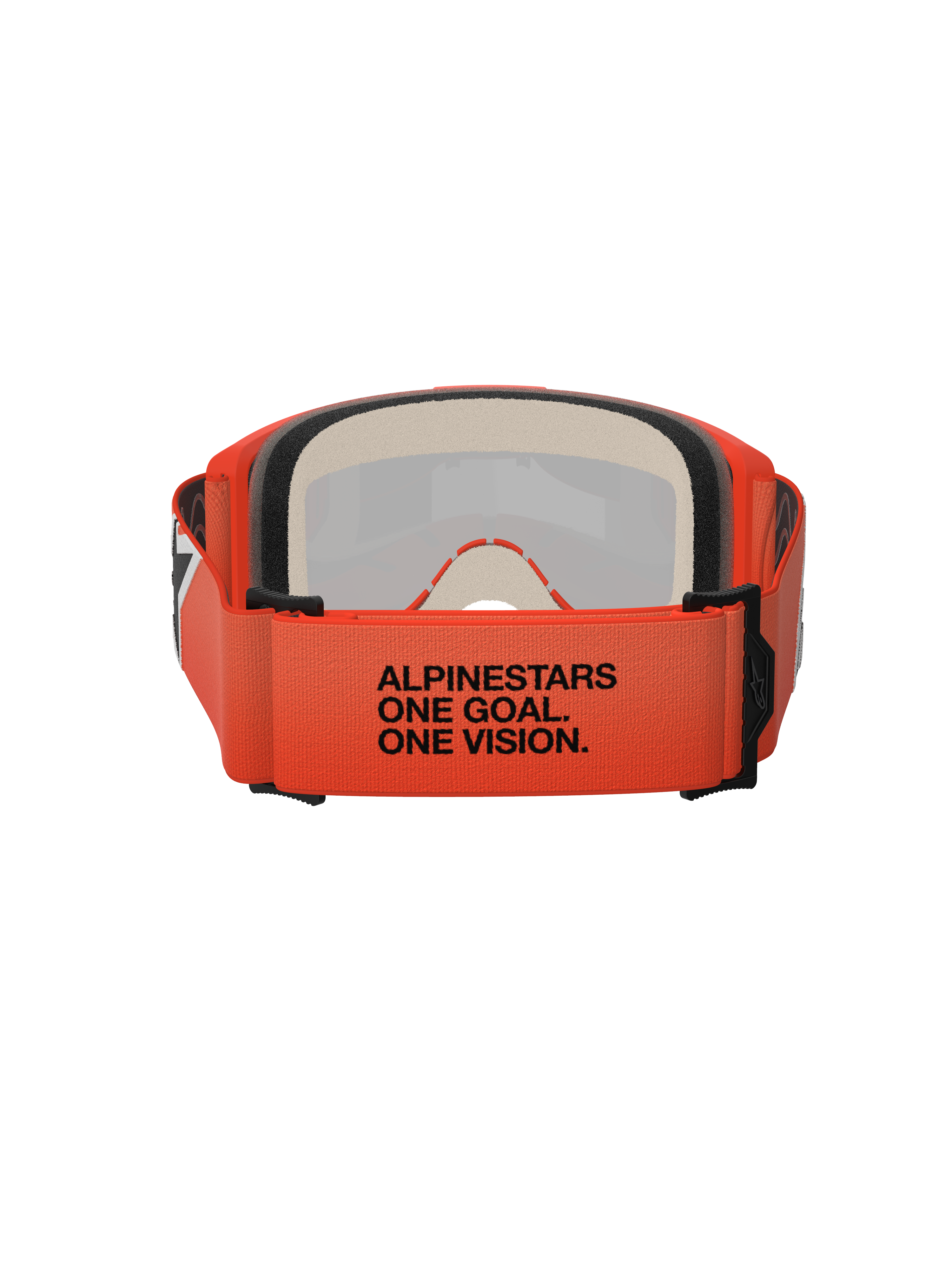 Occhiali Alpinestars Vision 5 Corp, vista posteriore con fascia intrecciata arancione e scritta nera "ALPINESTARS ONE GOAL. ONE VISION.", schiuma facciale multistrato, montatura arancione, occhiali professionali da motocross
