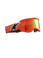 Occhiali Alpinestars Vision 5 Corp, occhiali da motocross, arancione con lente a specchio rossa, montatura e fascia arancione vivace con grande logo Astars bianco e nero, lente specchiata rosso-arancio con branding sulla parte superiore, occhiali protettivi professionali per il fuoristrada