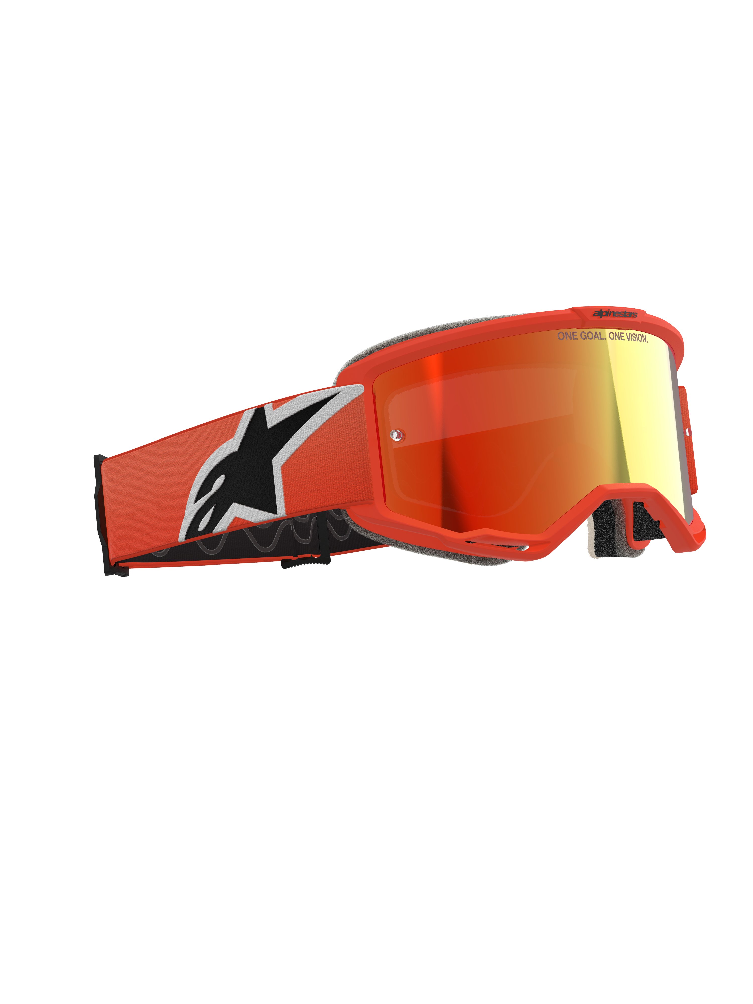 Occhiali Alpinestars Vision 5 Corp, occhiali da motocross, arancione con lente a specchio rossa, montatura e fascia arancione vivace con grande logo Astars bianco e nero, lente specchiata rosso-arancio con branding sulla parte superiore, occhiali protettivi professionali per il fuoristrada