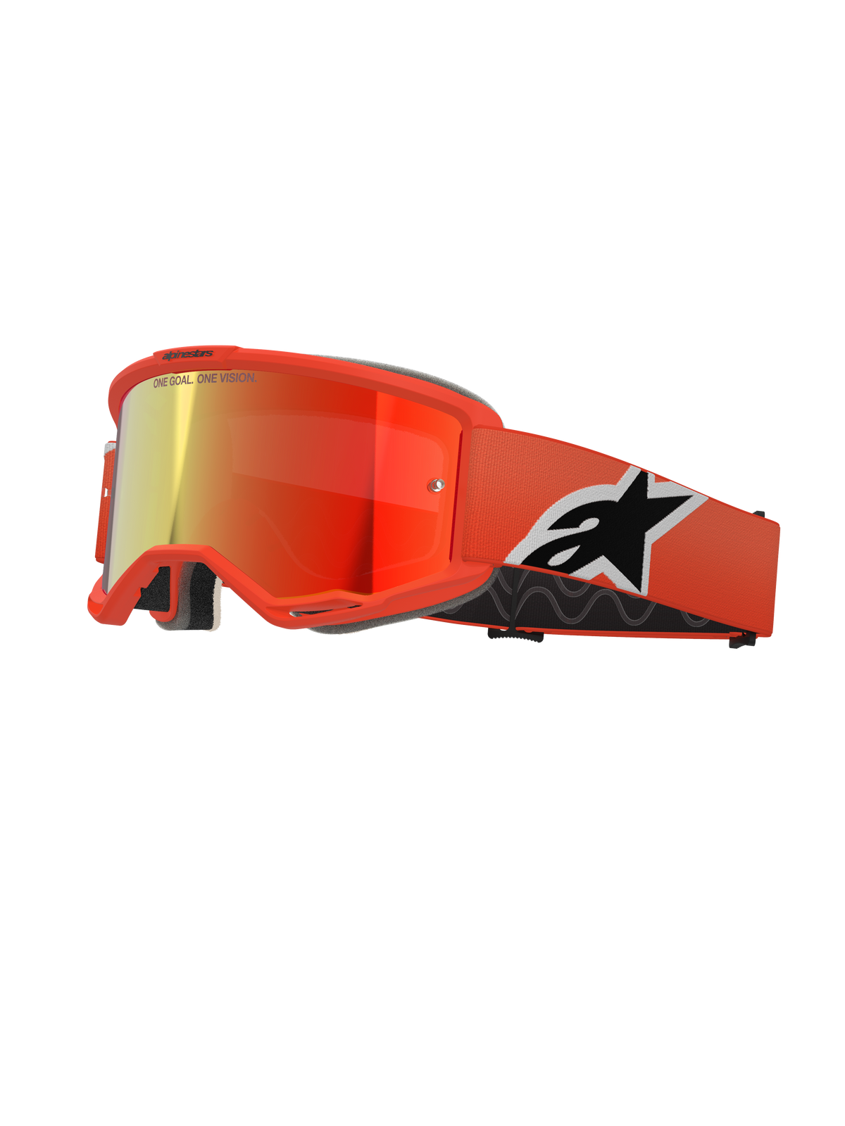 Alpinestars Vision 5 Corp Goggles, occhiali da motocross, montatura arancione con lente a specchio rossa, ampia fascia arancione con logo Astar nero e bianco, scritta 'ONE GOAL. ONE VISION.' sulla lente e spessa imbottitura comfort nera.