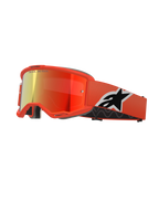 Alpinestars Vision 5 Corp Goggles, occhiali da motocross, montatura arancione con lente a specchio rossa, ampia fascia arancione con logo Astar nero e bianco, scritta 'ONE GOAL. ONE VISION.' sulla lente e spessa imbottitura comfort nera.