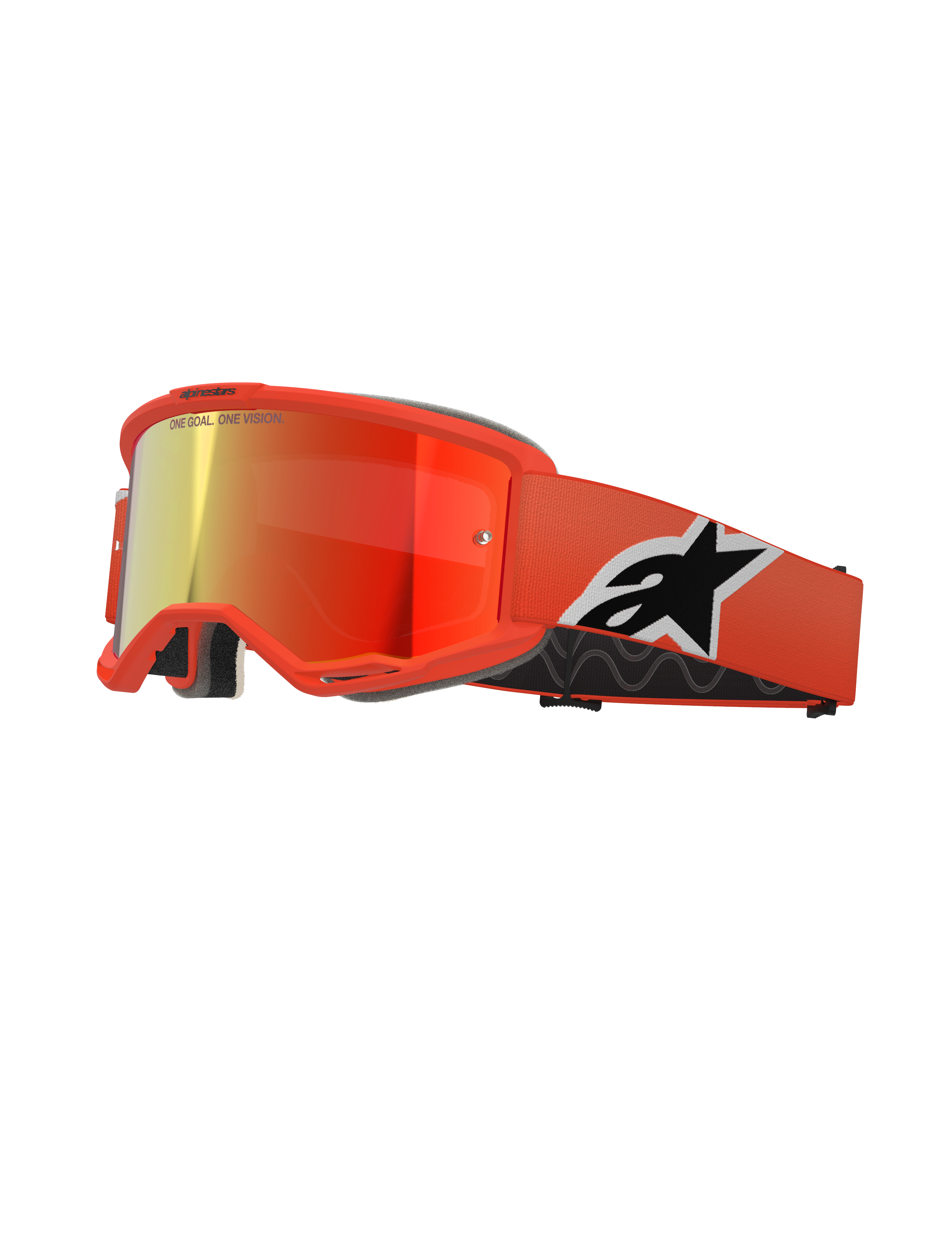 Alpinestars Vision 5 Corp Goggles, occhiali da motocross, montatura arancione con lente a specchio rossa, ampia fascia arancione con logo Astar nero e bianco, scritta 'ONE GOAL. ONE VISION.' sulla lente e spessa imbottitura comfort nera.
