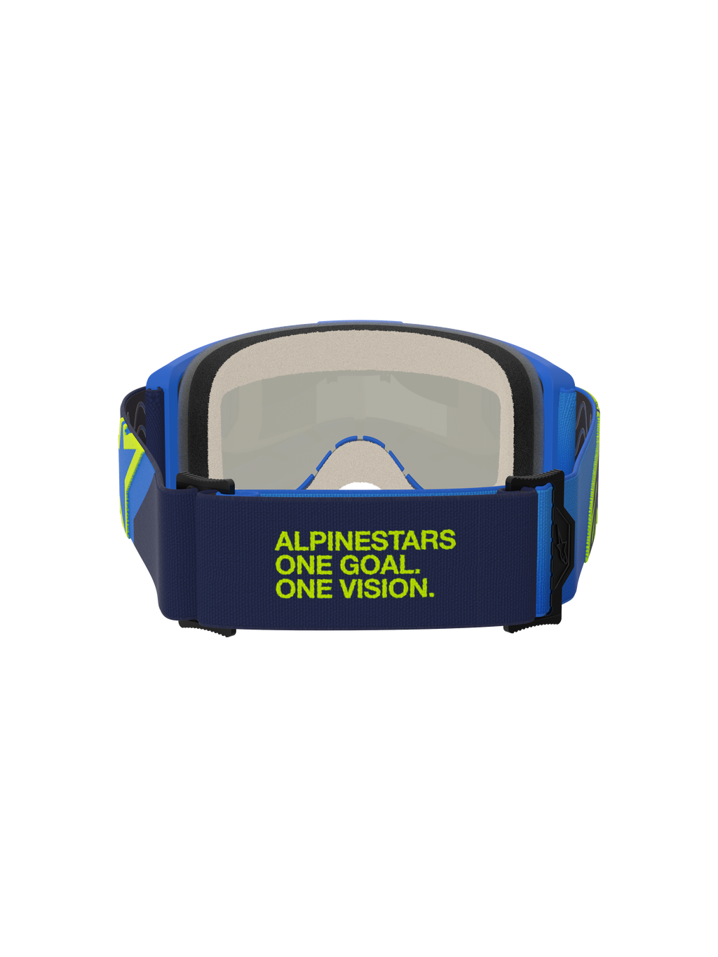 Maschera Alpinestars Vision 5 Corp, blu e giallo fluo, vista posteriore con elastico blu scuro e scritta verde lime 'Alpinestars One Goal One Vision', montatura blu e schiuma facciale multistrato, protezione per motocross
