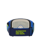 Maschera Alpinestars Vision 5 Corp, blu e giallo fluo, vista posteriore con elastico blu scuro e scritta verde lime 'Alpinestars One Goal One Vision', montatura blu e schiuma facciale multistrato, protezione per motocross
