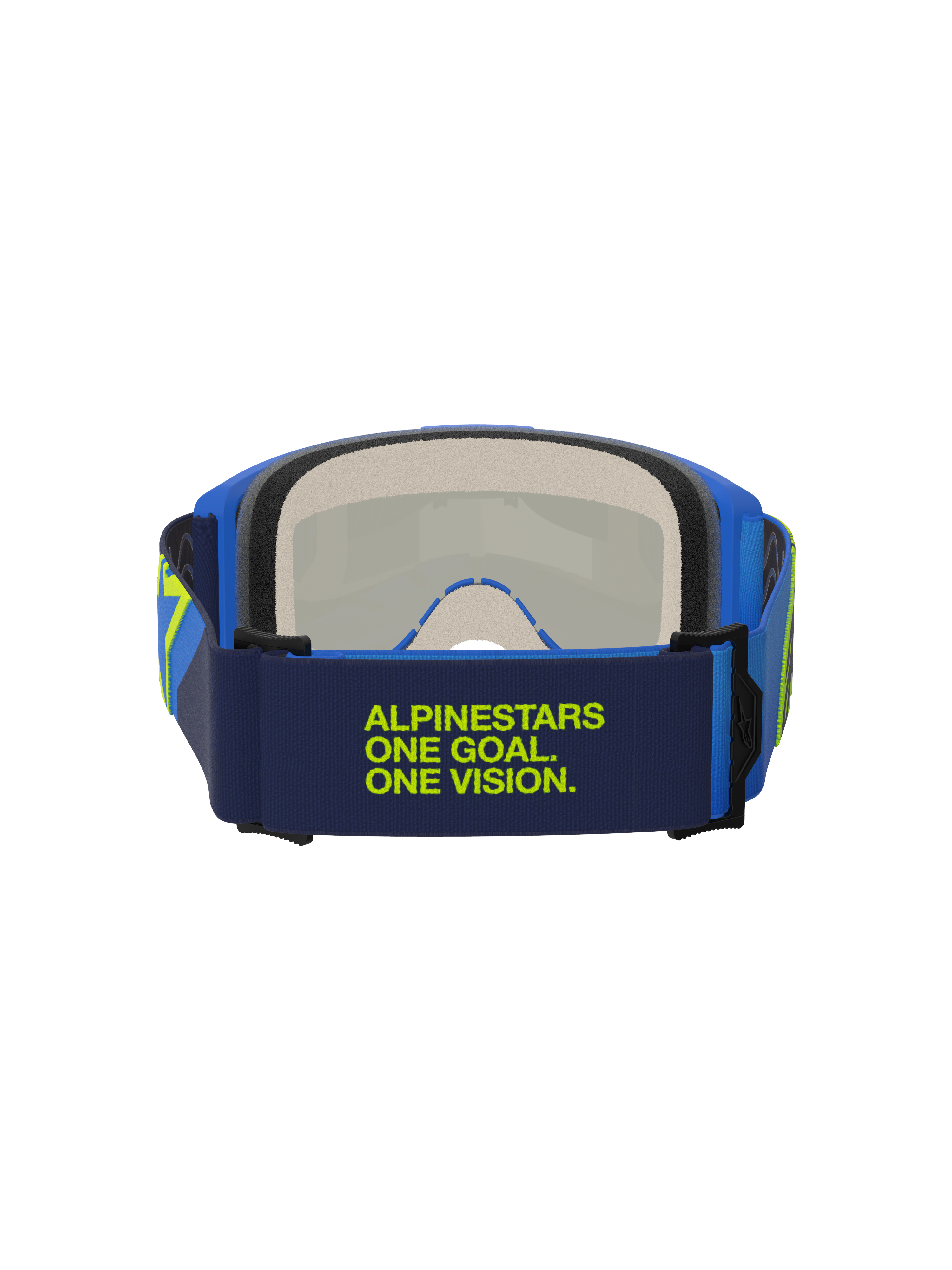 Maschera Alpinestars Vision 5 Corp, blu e giallo fluo, vista posteriore con elastico blu scuro e scritta verde lime 'Alpinestars One Goal One Vision', montatura blu e schiuma facciale multistrato, protezione per motocross