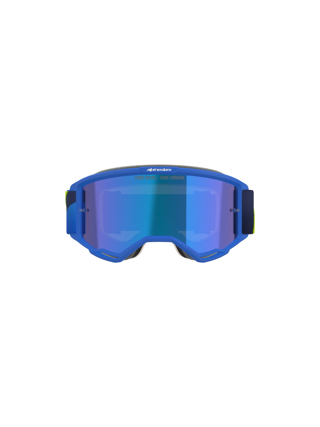 Alpinestars Vision 5 Corp Goggles, maschera da motocross, blu e giallo fluo, lente blu specchiata con testo 'ONE GOAL. ONE VISION.', vista frontale, montatura in uretano A-FLEX ultra-flessibile, occhiali protettivi per prestazioni fuoristrada