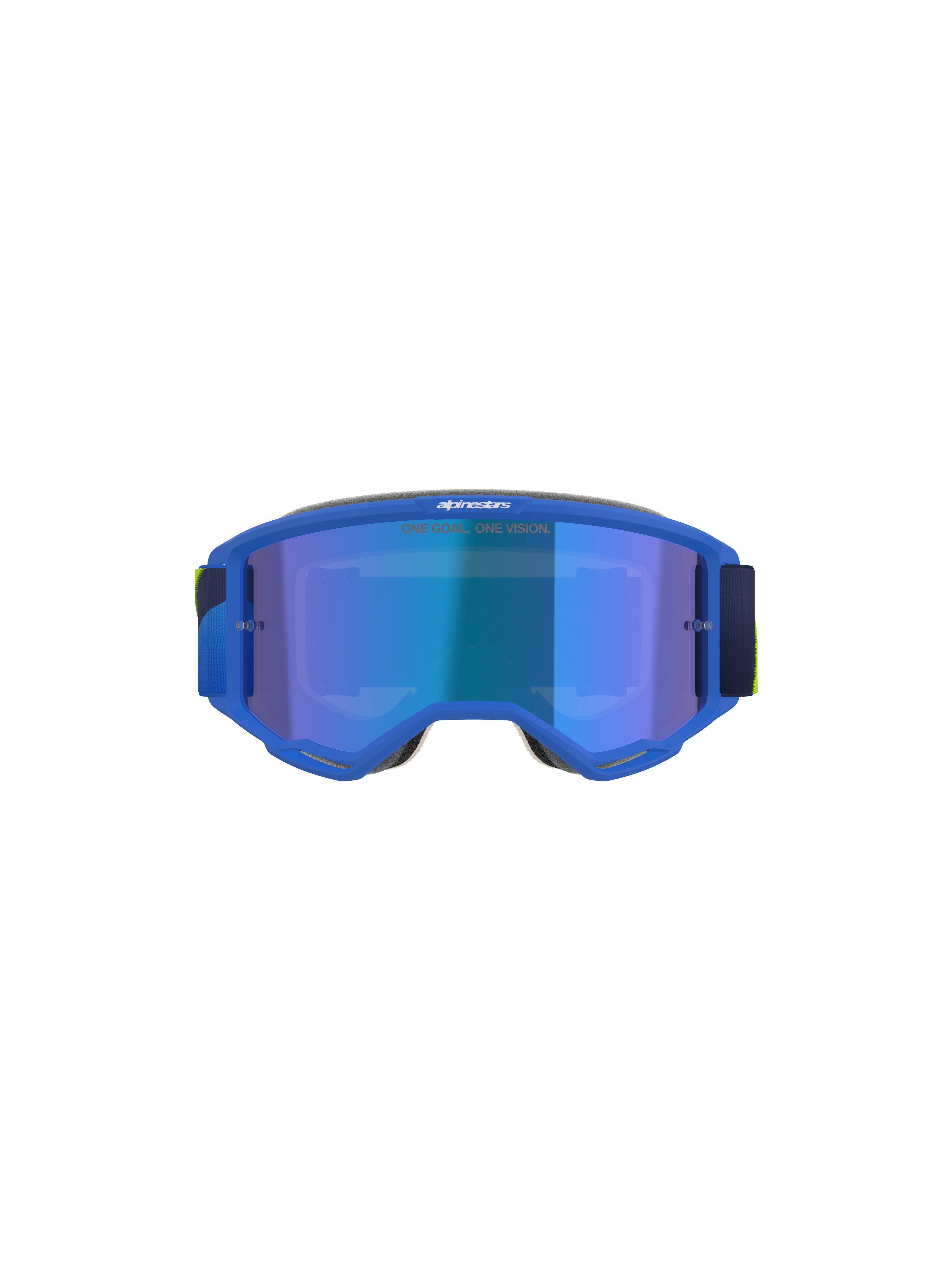 Alpinestars Vision 5 Corp Goggles, maschera da motocross, blu e giallo fluo, lente blu specchiata con testo 'ONE GOAL. ONE VISION.', vista frontale, montatura in uretano A-FLEX ultra-flessibile, occhiali protettivi per prestazioni fuoristrada