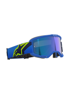 Maschera Alpinestars Vision 5 Corp, occhiali da motocross, blu e giallo fluo con lente blu specchiata, fascia blu con grande logo a stella giallo fluo, scritta 'ONE GOAL. ONE VISION.' sulla lente, protezione oculare professionale per fuoristrada