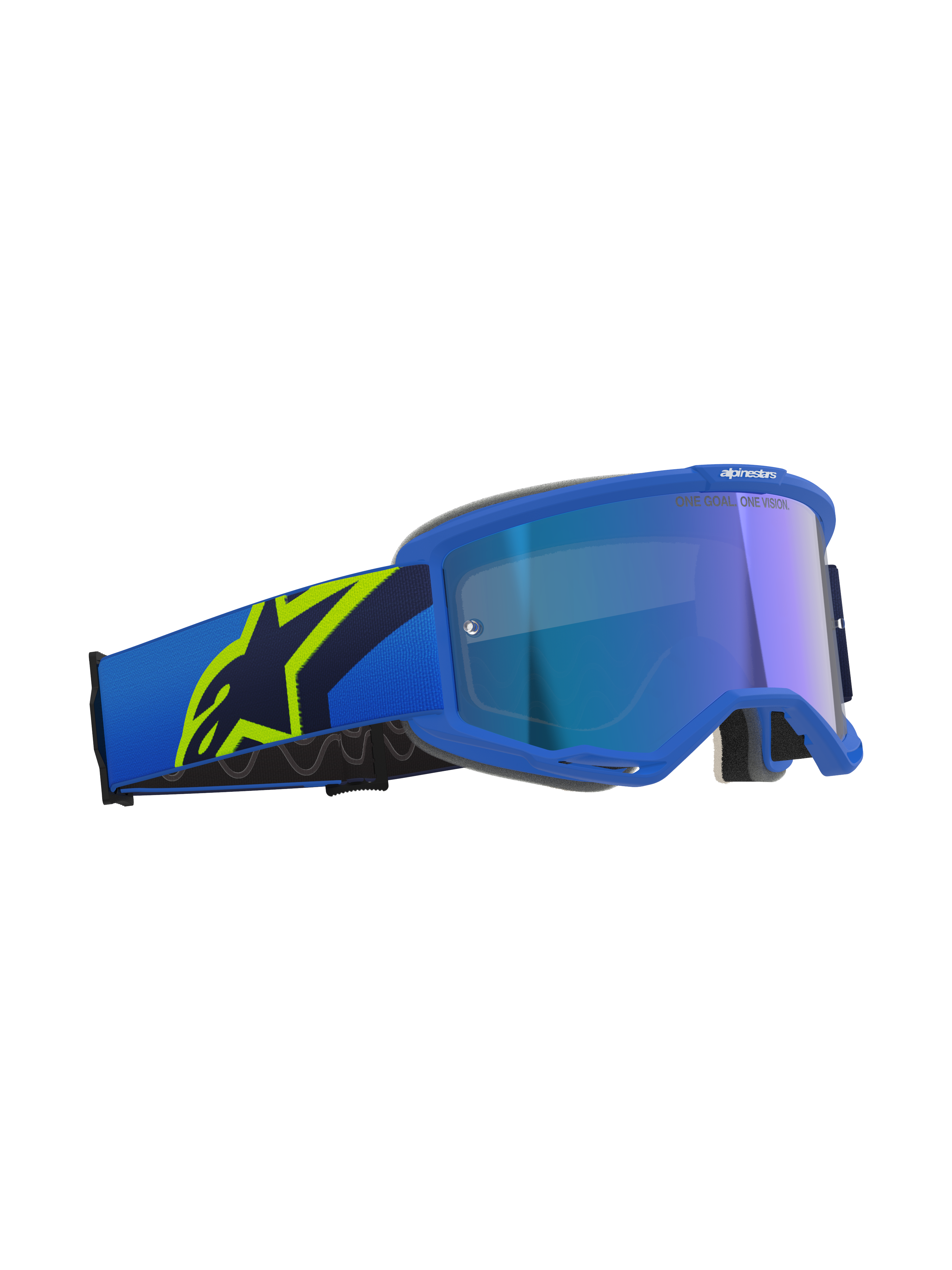 Maschera Alpinestars Vision 5 Corp, occhiali da motocross, blu e giallo fluo con lente blu specchiata, fascia blu con grande logo a stella giallo fluo, scritta 'ONE GOAL. ONE VISION.' sulla lente, protezione oculare professionale per fuoristrada