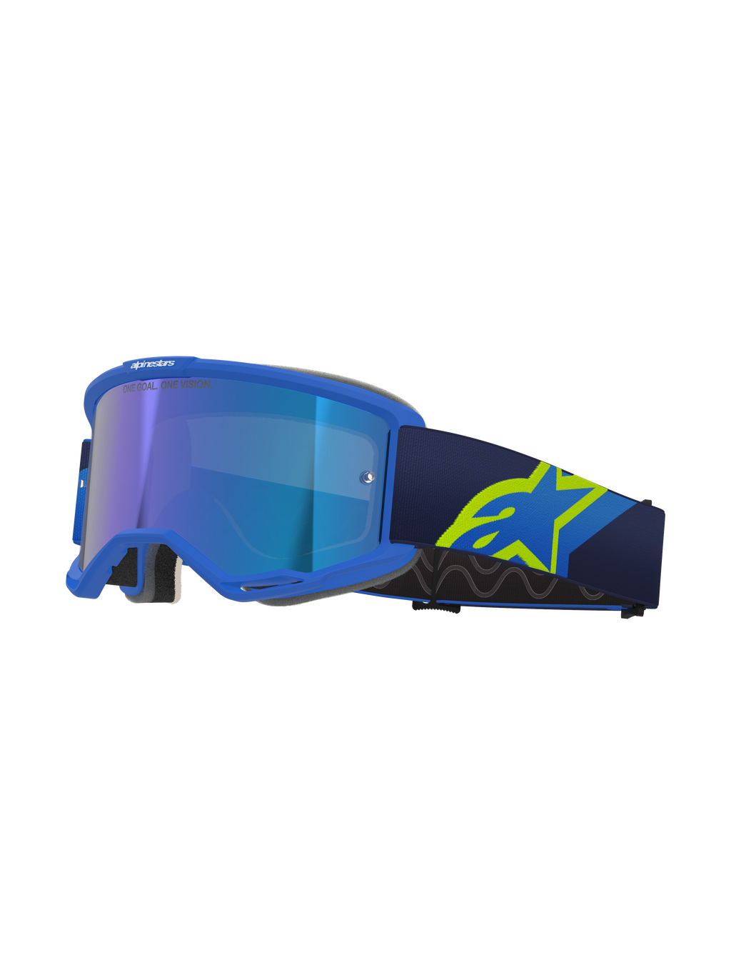 Maschera Alpinestars Vision 5 Corp, occhiali da motocross, montatura blu con lente blu a specchio, cinturino blu navy con grande logo A-star giallo neon, vista di profilo con montatura ventilata e spugna facciale grigia, branding "ONE GOAL. ONE VISION."