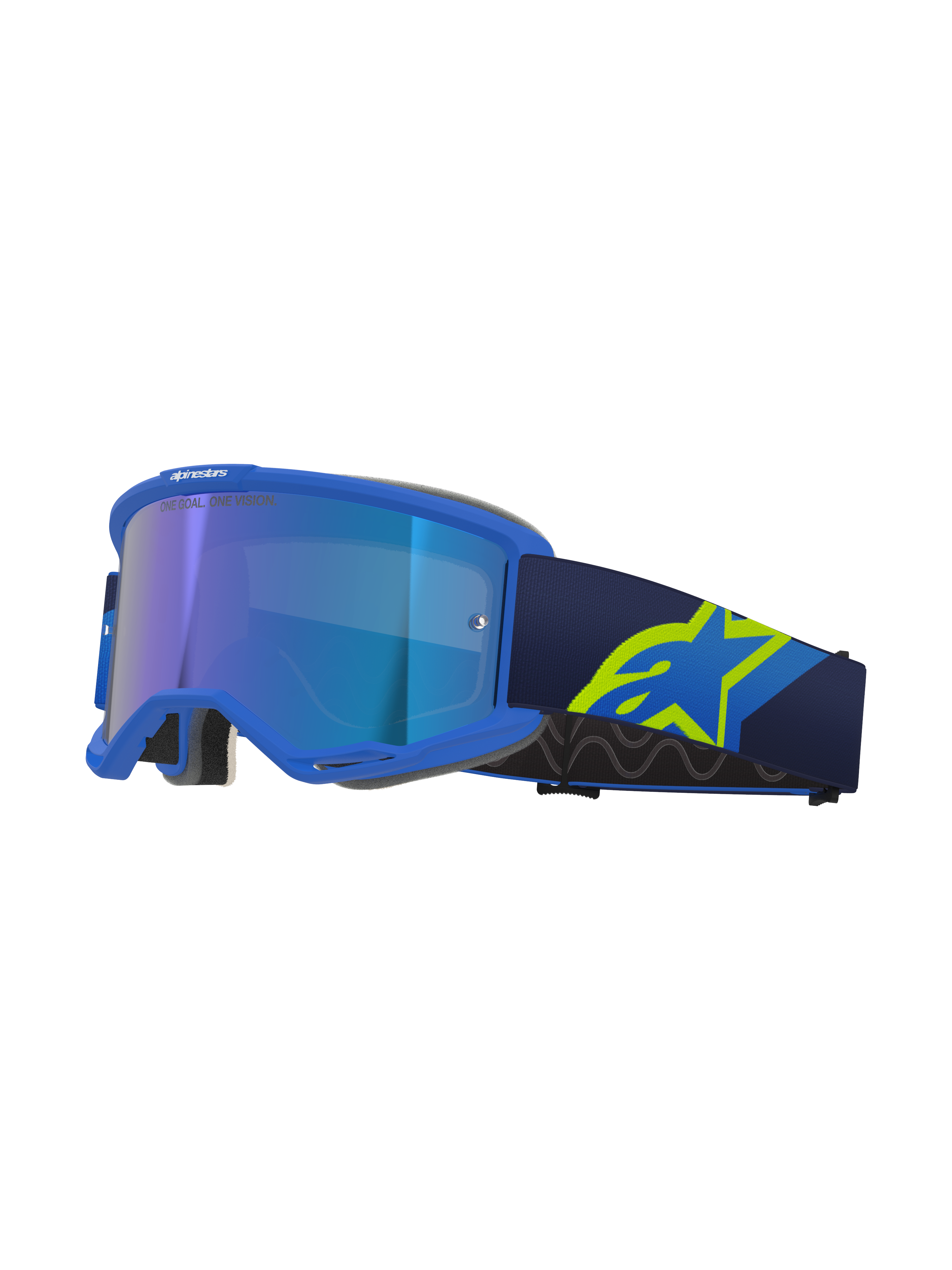 Maschera Alpinestars Vision 5 Corp, occhiali da motocross, montatura blu con lente blu a specchio, cinturino blu navy con grande logo A-star giallo neon, vista di profilo con montatura ventilata e spugna facciale grigia, branding "ONE GOAL. ONE VISION."