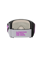 Maschere Alpinestars Vision 5 Corp, maschere da motocross, grigio chiaro e viola Mirror Silver, vista posteriore con ampia fascia in tessuto e branding viola, schiuma facciale multistrato e costruzione della montatura resistente