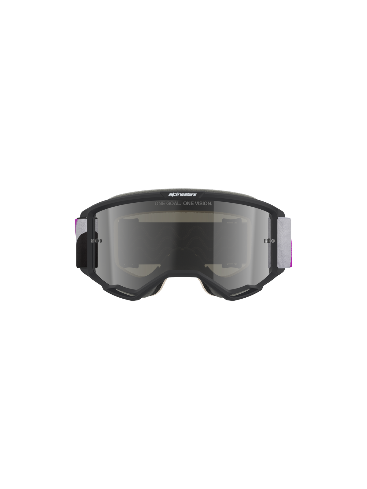 Alpinestars Vision 5 Corp Goggles, maschera da motocross, montatura grigio chiaro con lente Purple Mirror Silver, vista frontale con testo 'ONE GOAL. ONE VISION.', cinturino intrecciato regolabile grigio e viola, protezione per gli occhi ad alte prestazioni per fuoristrada